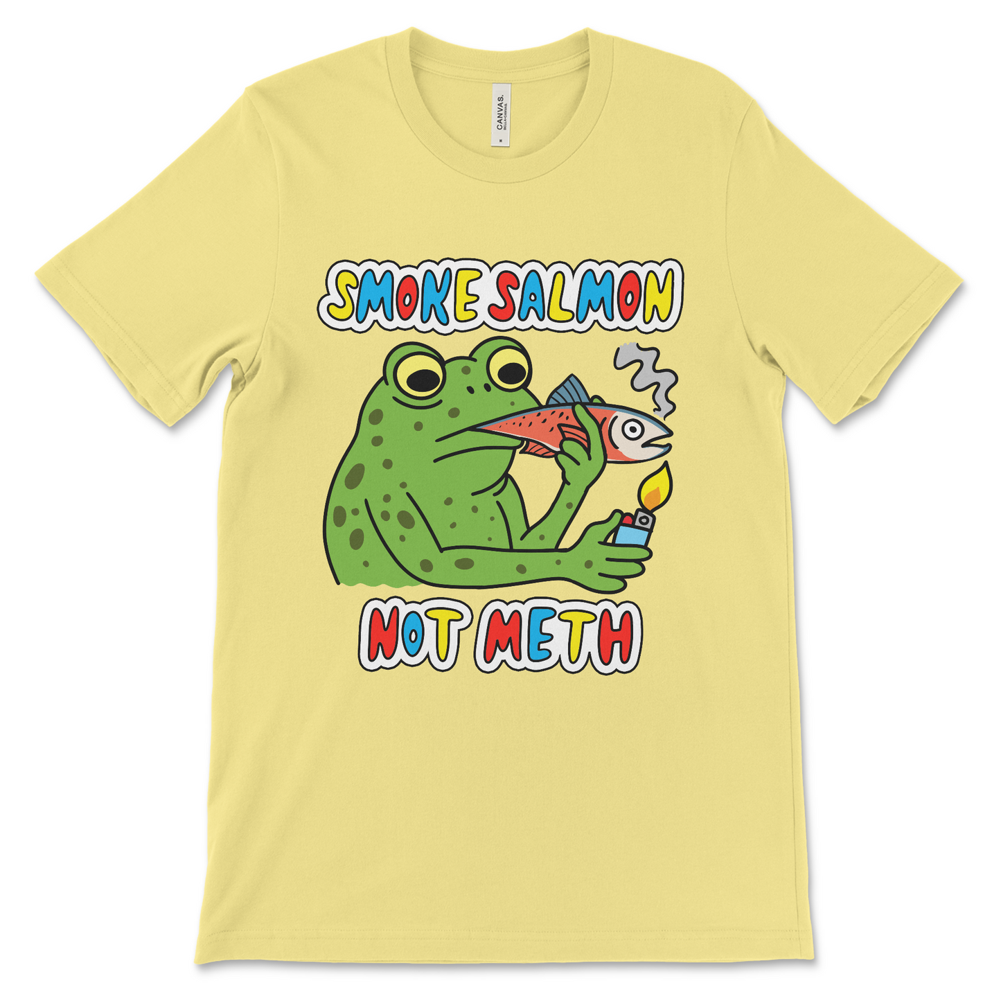 Funny “Smoke Salmon Not Meth” t-shirt with a cartoon frog lighting a salmon like a joint. Perfect for fans of absurd meme shirts and weird internet humor.