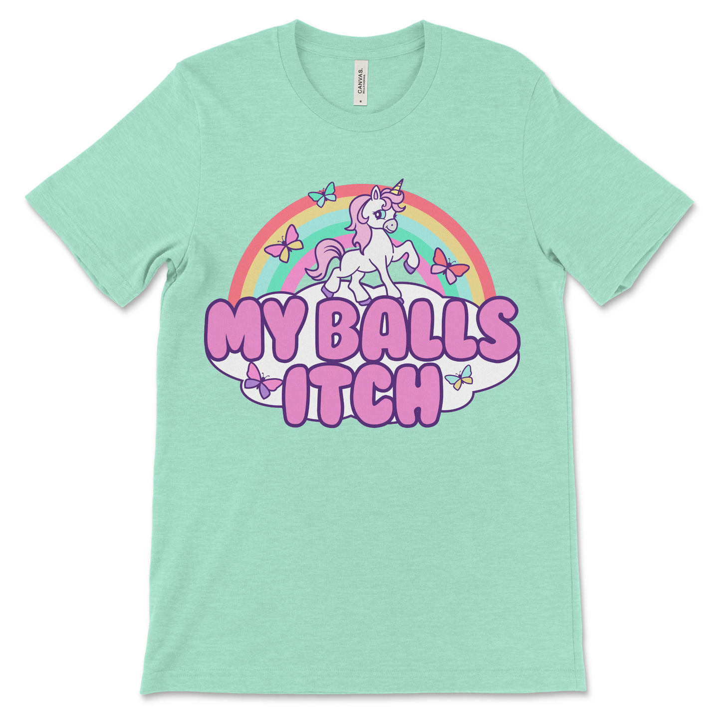Weird and inappropriate unicorn t-shirt that simply says “My Balls Itch.” Ideal for crude humor fans, cursed meme lovers, and anyone who enjoys ridiculous animal graphic tees.