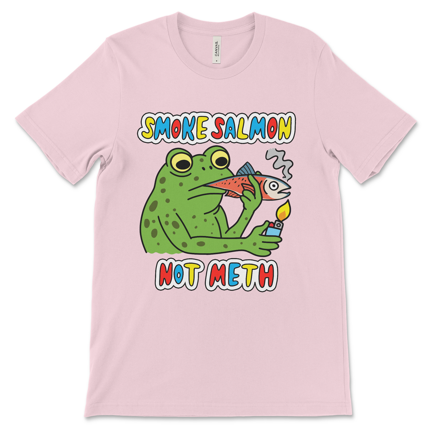 Unhinged t-shirt featuring a frog smoking a salmon instead of a cigarette. Made for people who love surreal graphic tees and bizarre meme apparel.