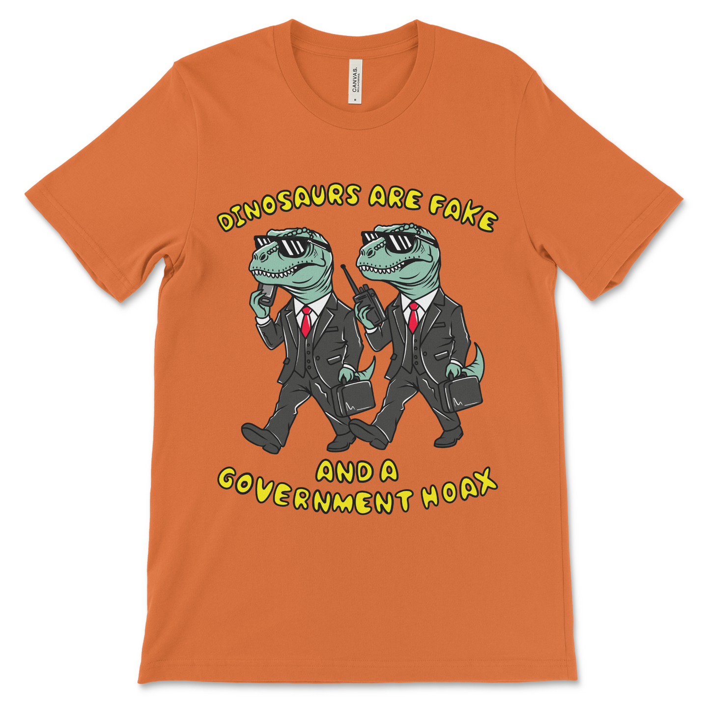 Satirical anti-dinosaur shirt mixing dark humor, government psyop jokes, and sarcasm