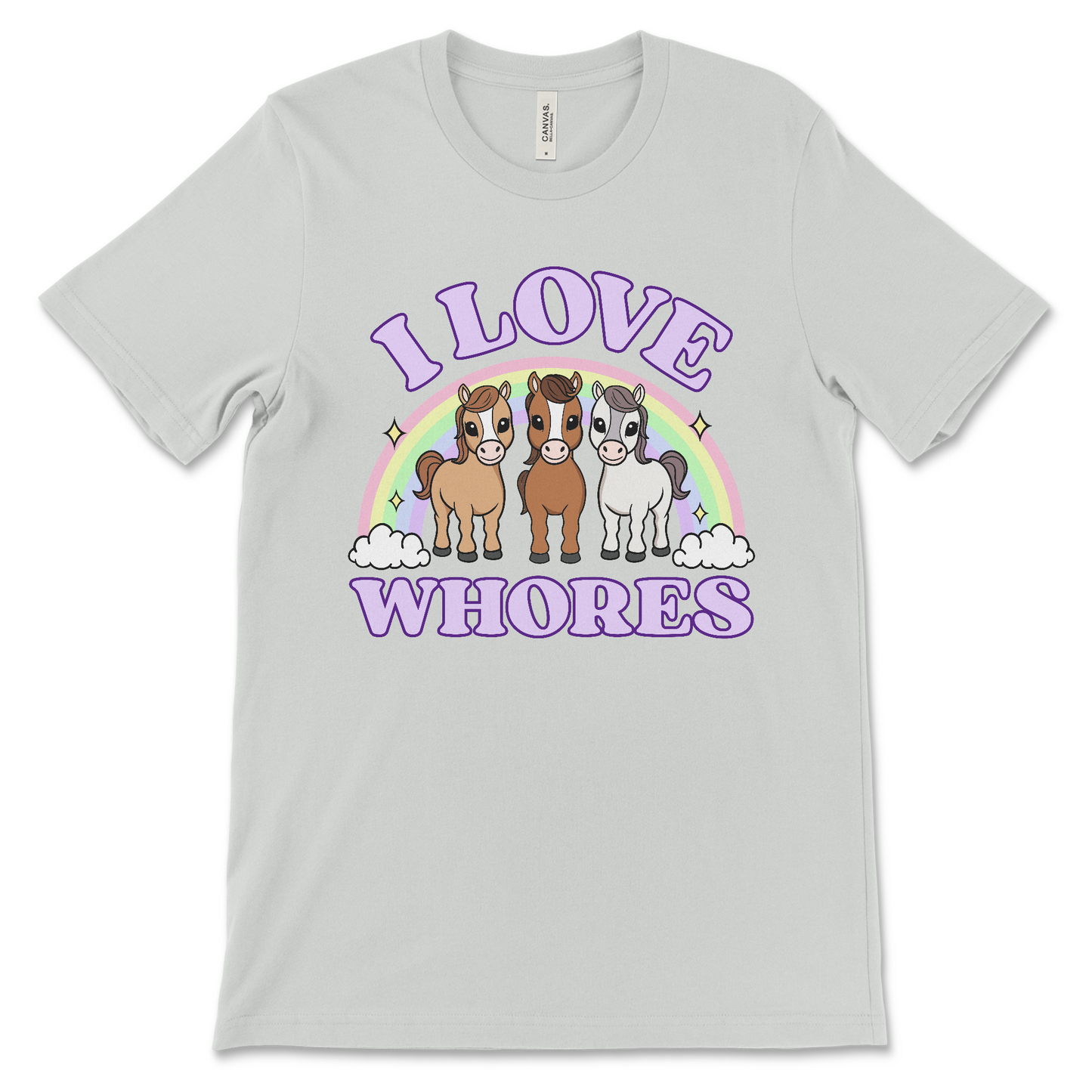 I Love Whores shirt with cartoon horses, dirty adult humor graphic tee, offensive novelty apparel, NSFW inappropriate joke t-shirt.