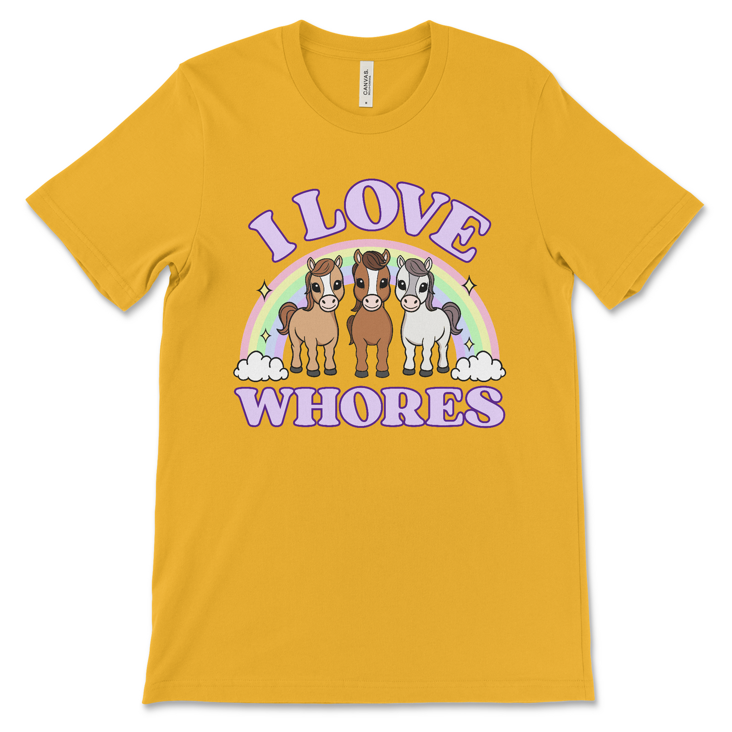 I Love Whores shirt with cartoon horses, dirty adult humor graphic tee, offensive novelty apparel, NSFW inappropriate joke t-shirt.