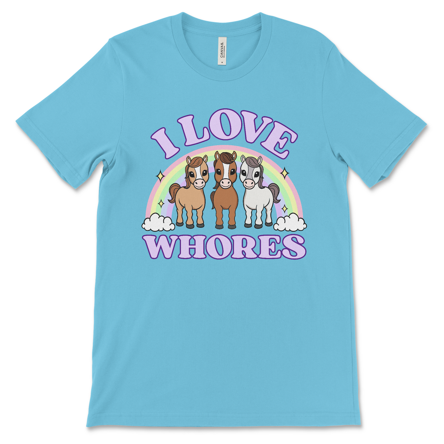 I Love Whores shirt with cartoon horses, dirty adult humor graphic tee, offensive novelty apparel, NSFW inappropriate joke t-shirt.