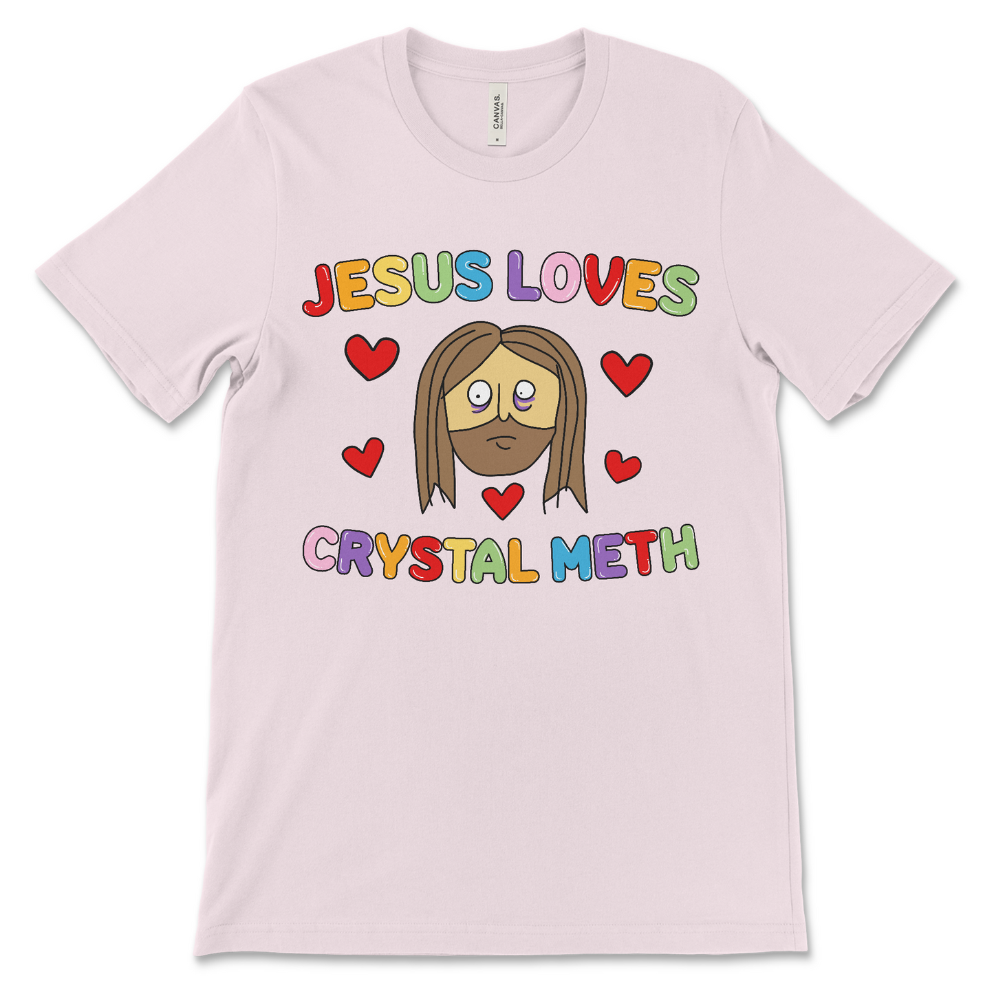 Jesus Loves Crystal Meth shirt, an offensive religious t shirt with drug humor, and Jesus meme vibes.
