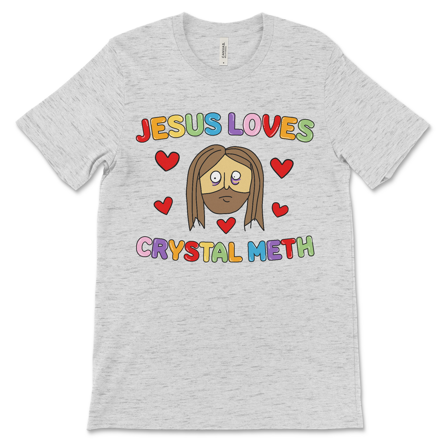 Jesus Loves Crystal Meth shirt, an offensive religious t shirt with drug humor, and Jesus meme vibes.