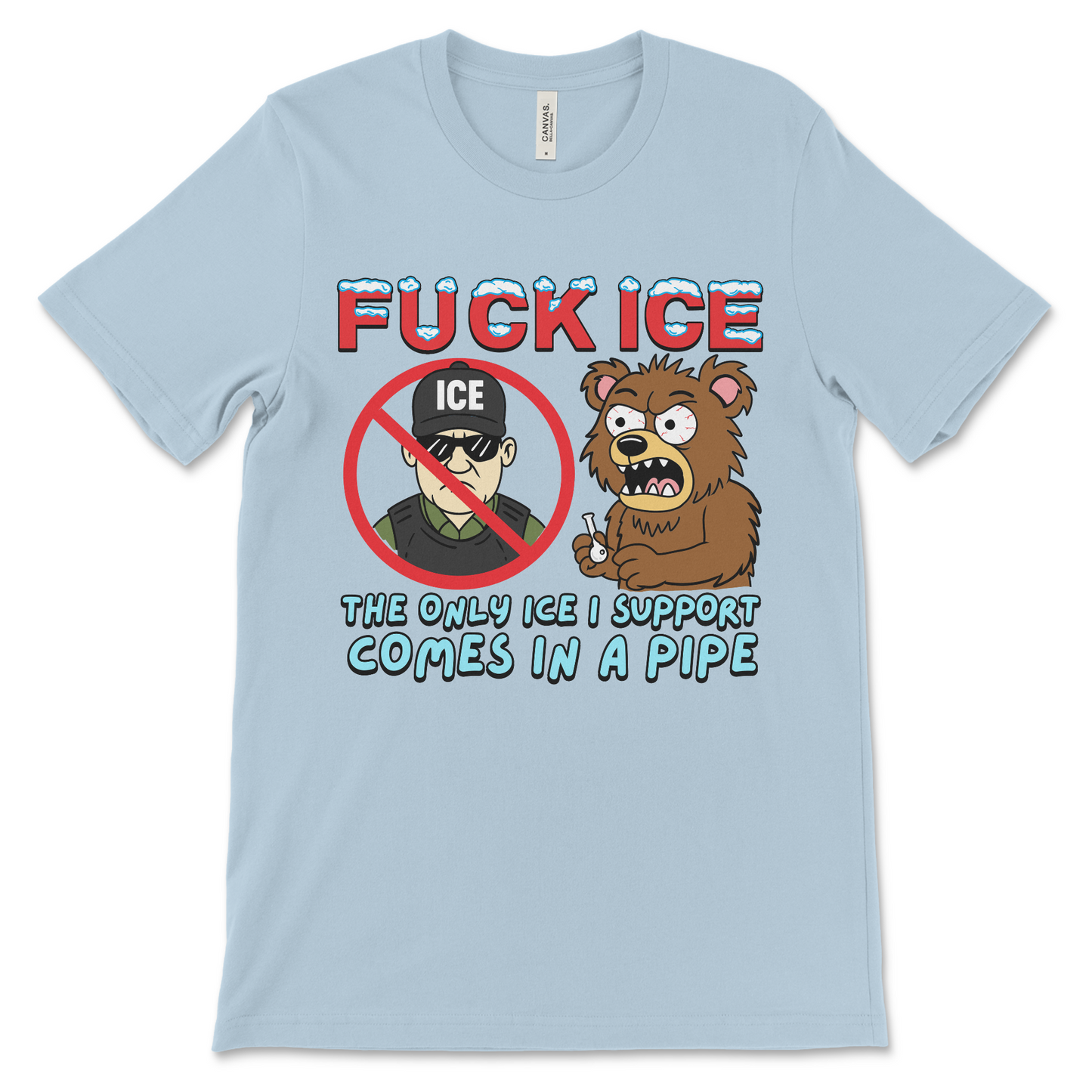 Methamphetamine shirt with inappropriate political satire and fuck ICE slogan. It’s one of those really offensive shirts that spark arguments.