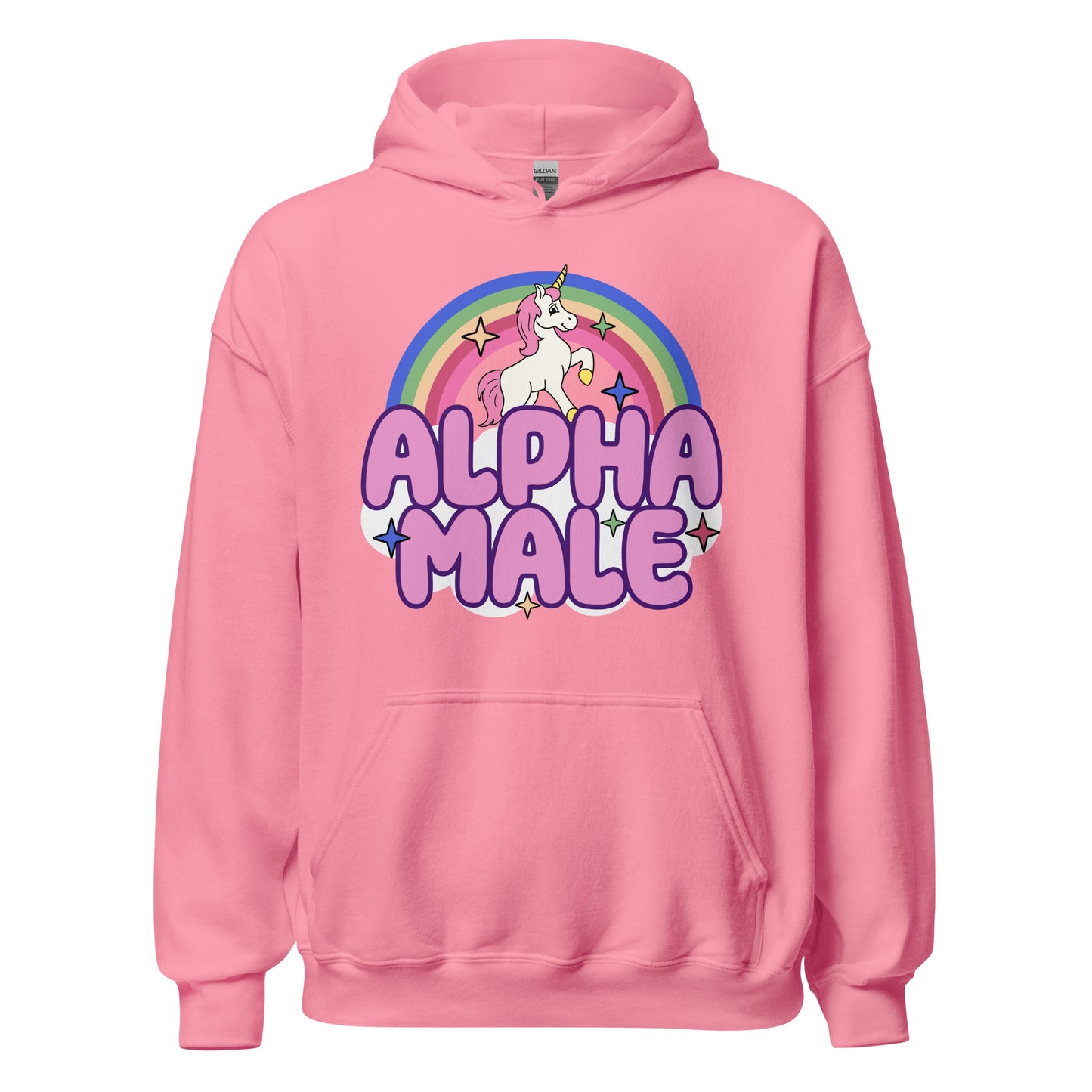 ironic Alpha Male hoodie with funny unicorn and rainbow artwork