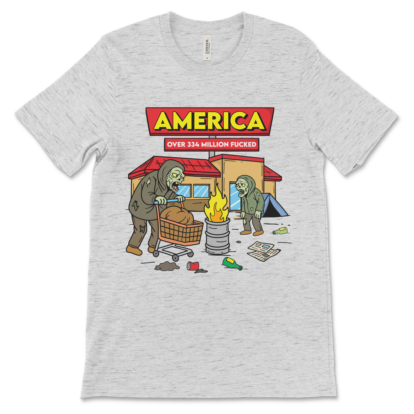 Offensive USA shirt with a dark political message about America’s decline. Perfect for fans of political satire shirts and fentanyl graphic tees.