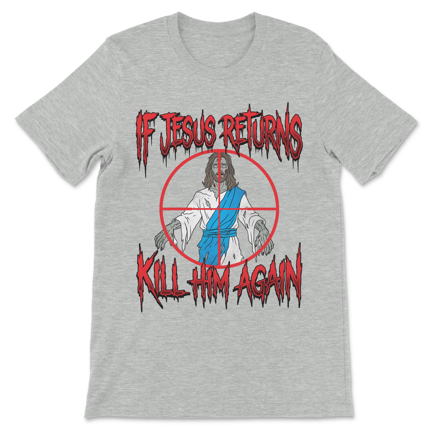 Funny zombie Jesus graphic tee with controversial religious satire.
