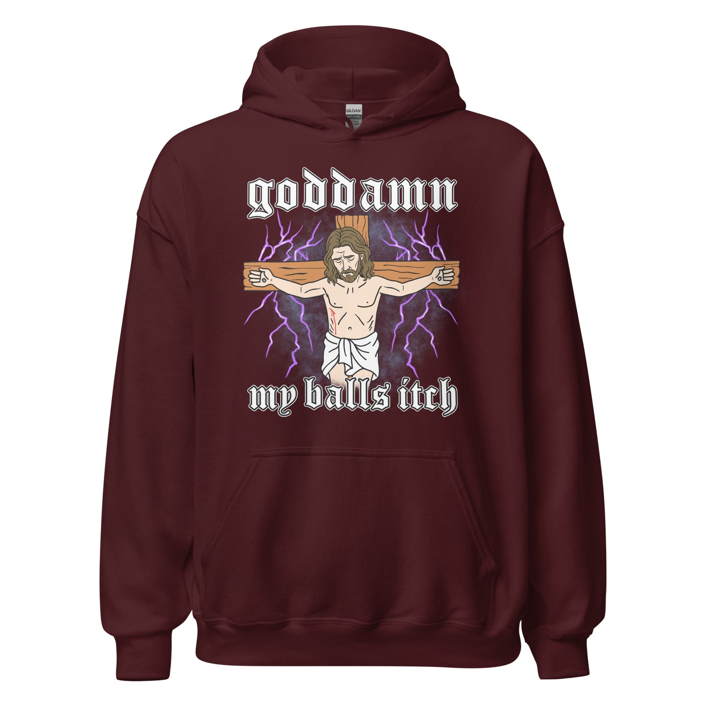 Goddamn My Balls Itch printed hoodie with shocking religious parody art. Ideal for collectors of edgy meme hoodies and offensive graphic designs.