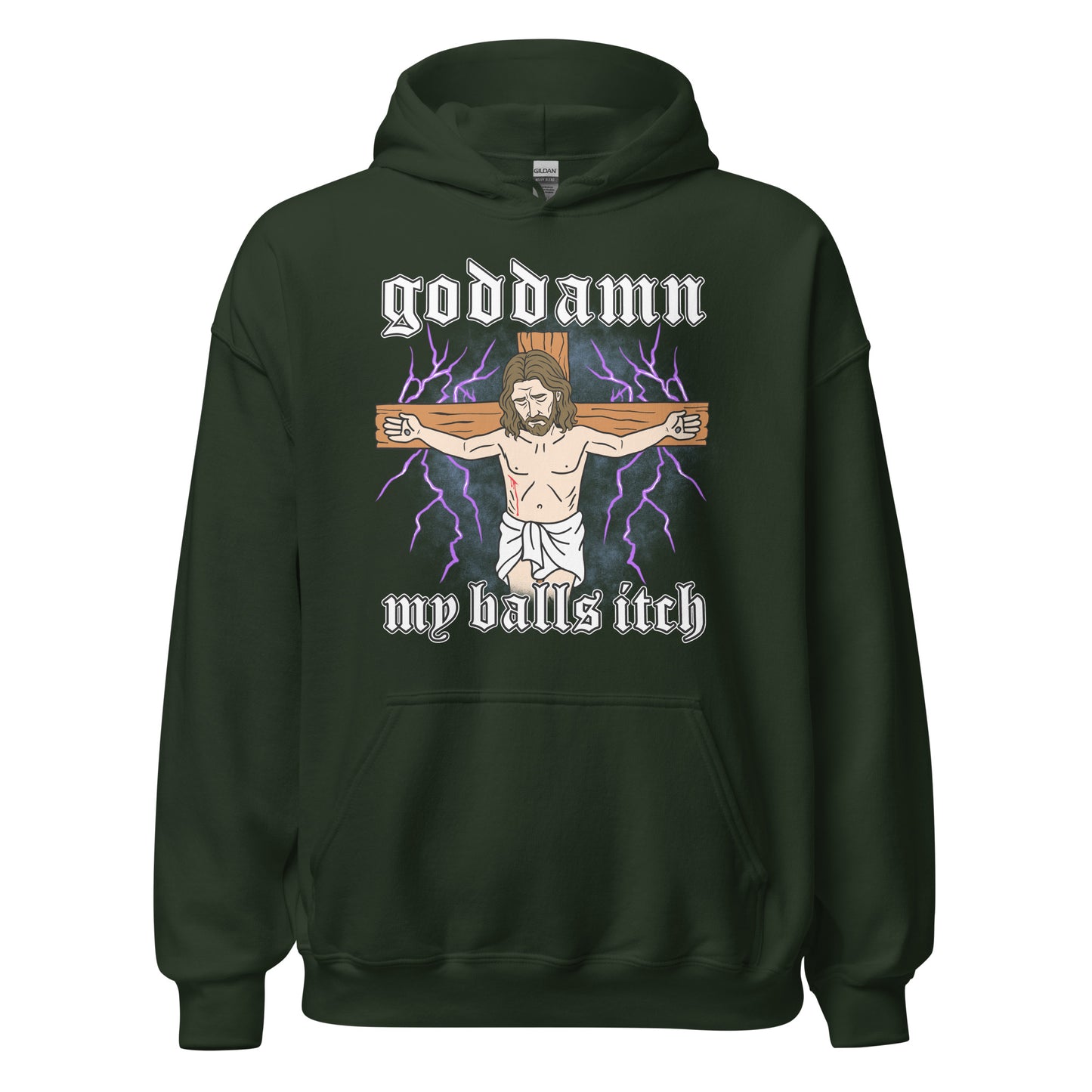 Dark humor hoodie showing an absurd Jesus artwork with Goddamn My Balls Itch text. Controversial meme design made for fans of inappropriate fashion.