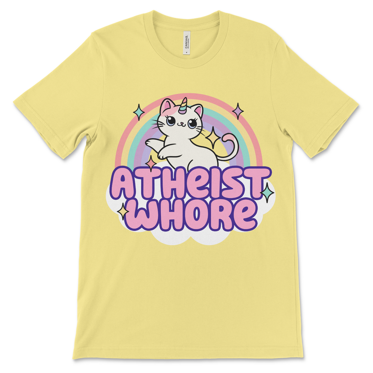 Offensive atheist whore meme shirt for women, ironic adult humor fashion.