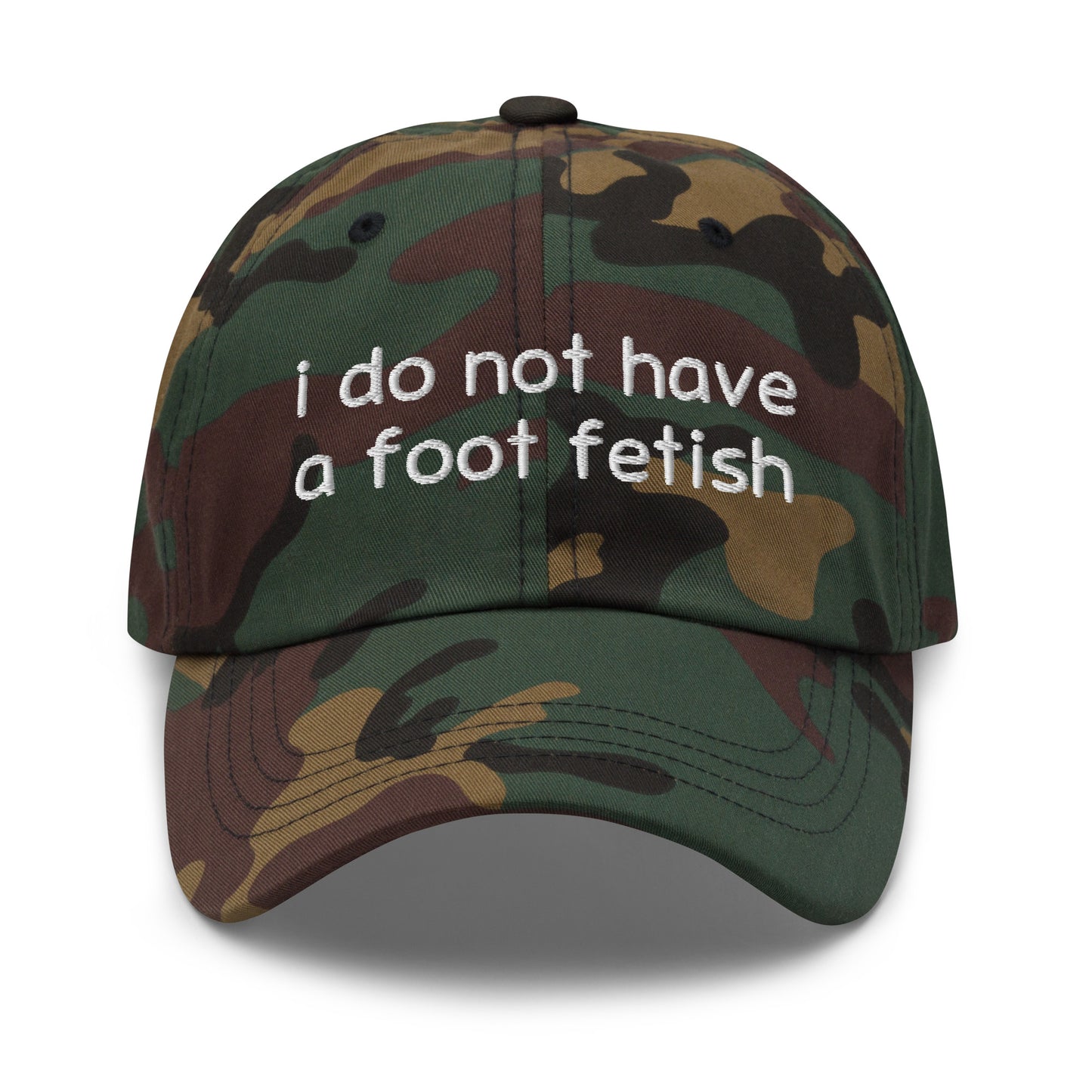 Foot Fetish dad hat, embroidered offensive slogan cap, funny gross-out meme hat, ironic humor hat, inappropriate embroidered hat, dark humor headwear, offensive fashion accessory.