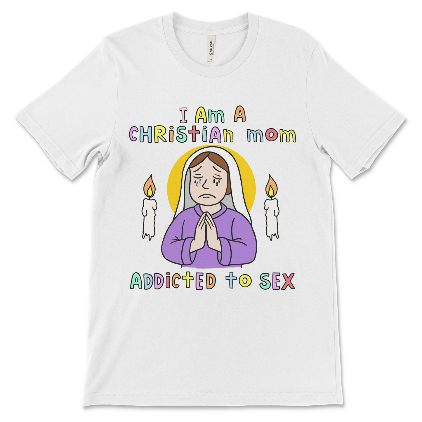 Funny sex shirt that says “I Am a Christian Mom Addicted to Sex” in bold lettering. This offensive Christian shirt is perfect for fans of dirty religious humor and inappropriate t-shirts for adults. Great gift for atheist women, dark humor lovers, or anyone who likes controversial meme shirts.