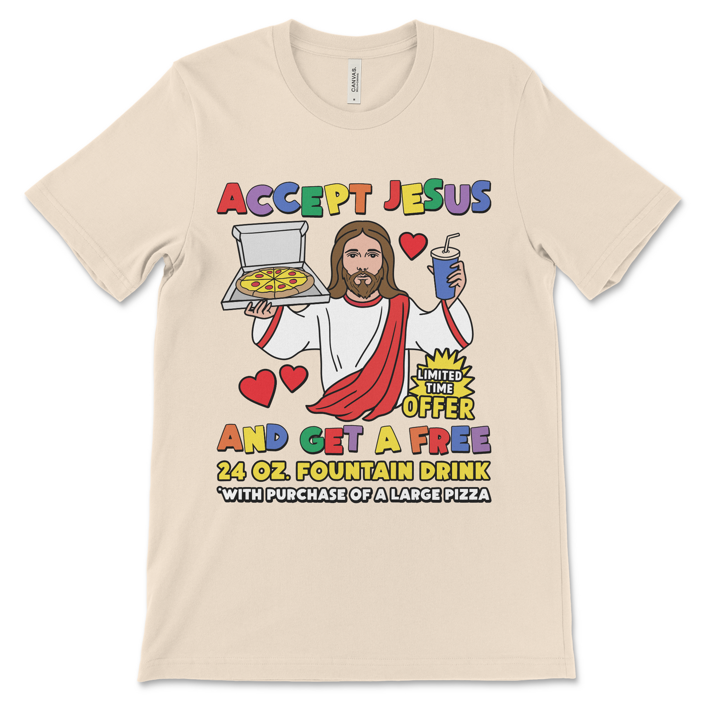 Ironic Christian humor t-shirt featuring Jesus. A funny fast food parody tee that mocks marketing gimmicks with a touch of usa satire. Great for fans of unhinged tshirts.