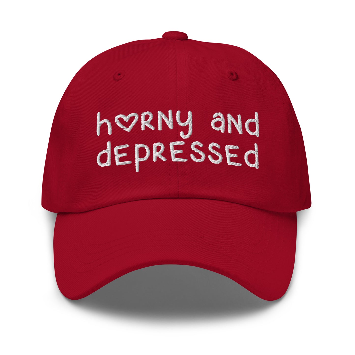 Funny embroidered dad hat with Horny and Depressed text, meme hat with offensive quote.