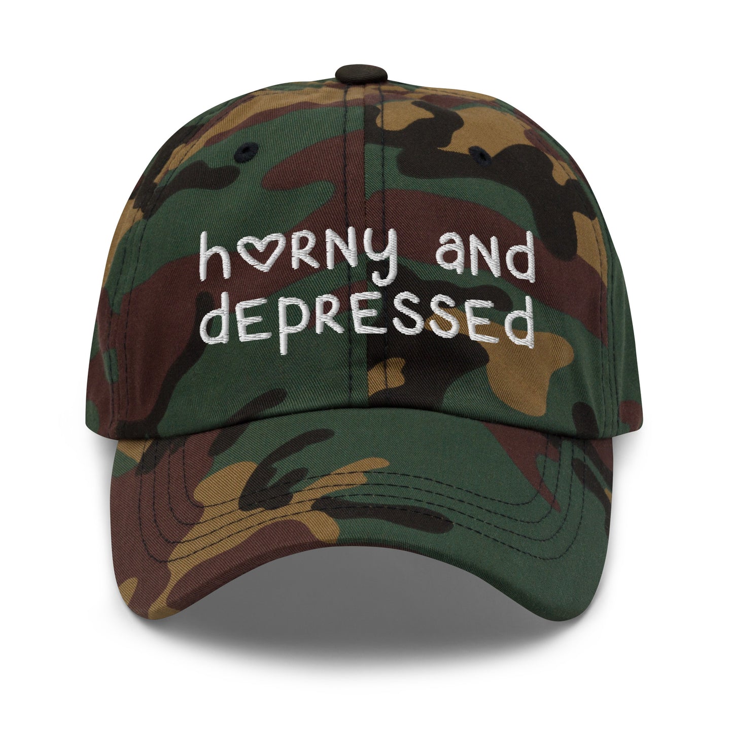 Funny embroidered dad hat with Horny and Depressed text, meme hat with offensive quote.