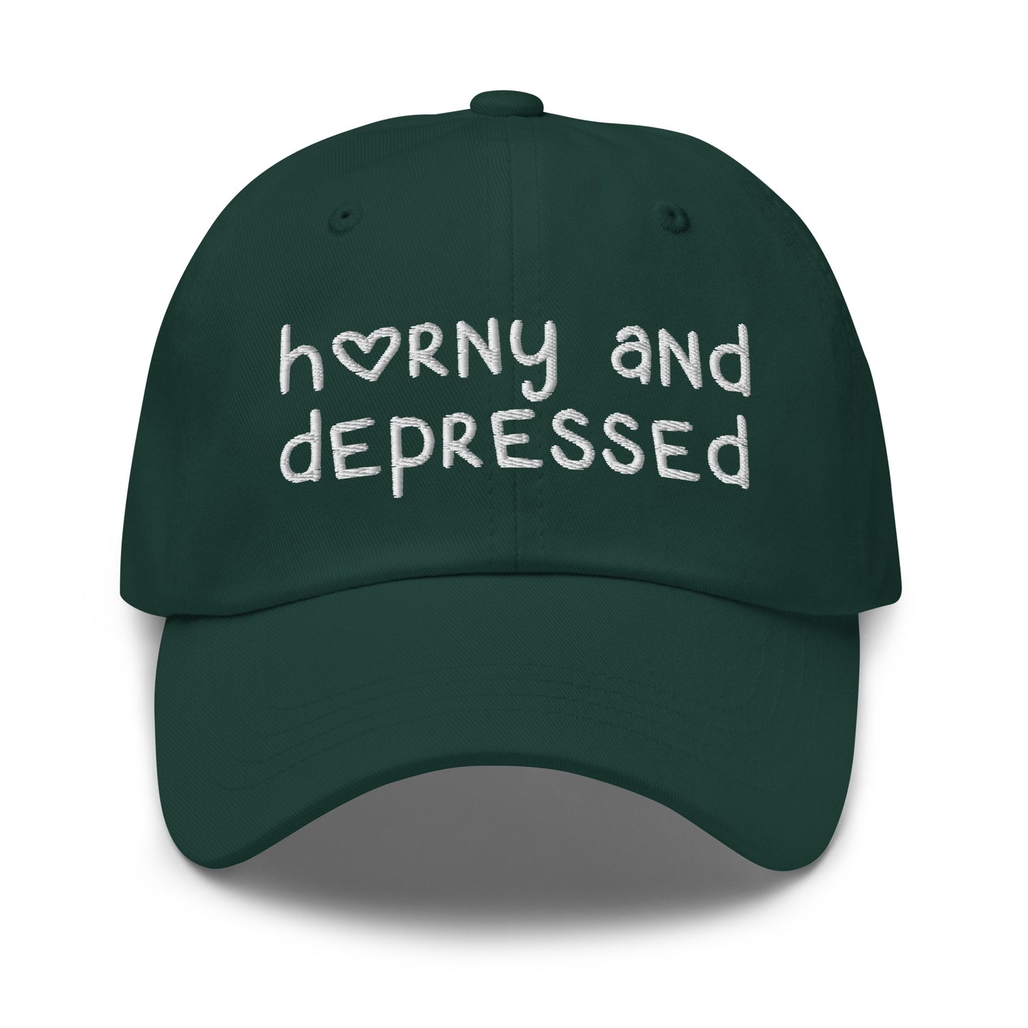 Funny embroidered dad hat with Horny and Depressed text, meme hat with offensive quote.