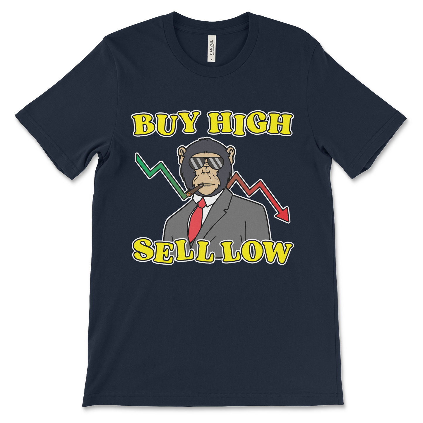 Unhinged crypto meme t-shirt for traders with gambling problems, featuring Buy High Sell Low slogan, bad investment joke shirt.
