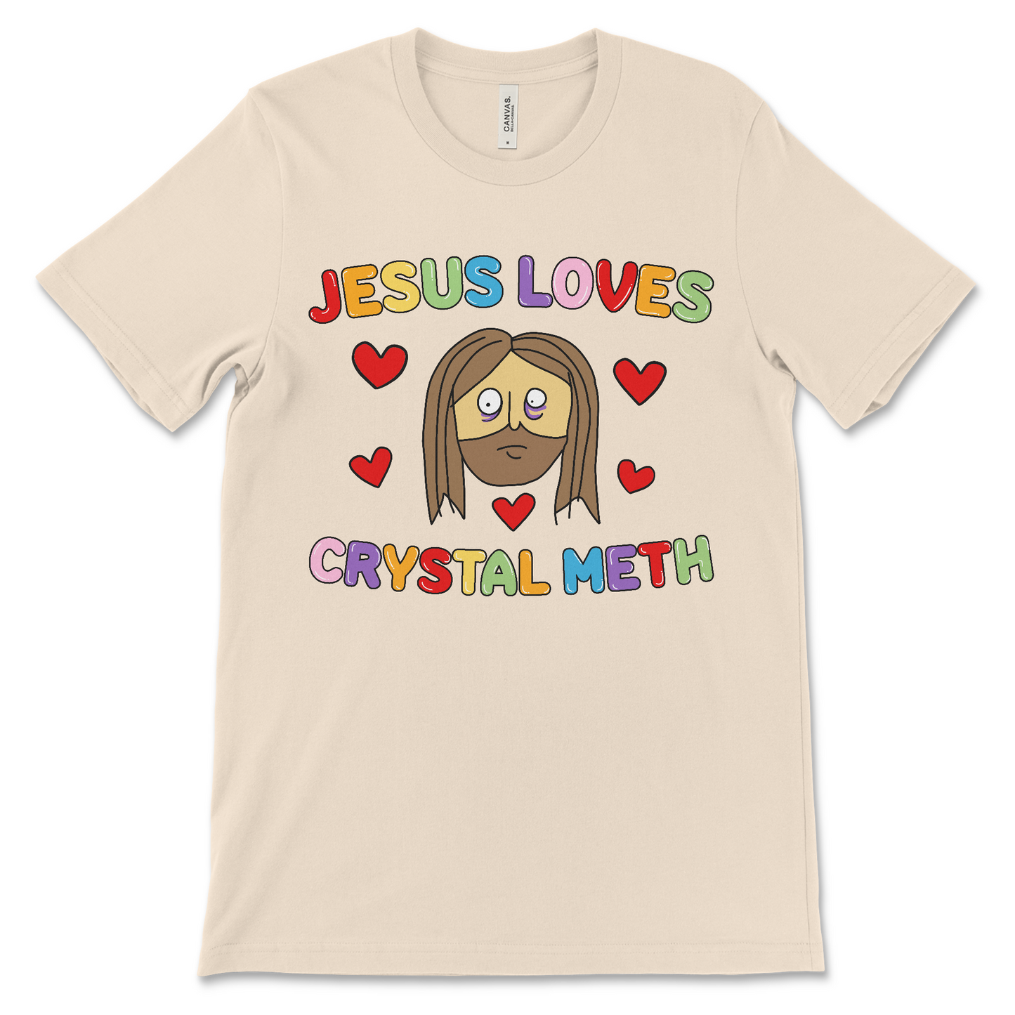 Jesus Loves Crystal Meth shirt, an offensive religious t shirt with drug humor, and Jesus meme vibes.