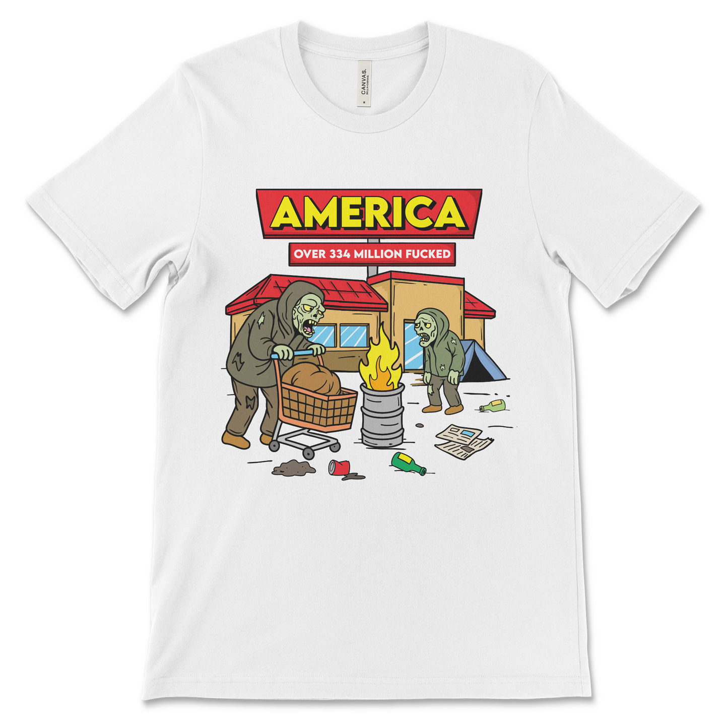 Political t-shirt that says “Over 334 Million Fucked” with a usa political satire theme. Great for people who wear anti-America shirts and inappropriate political clothing.