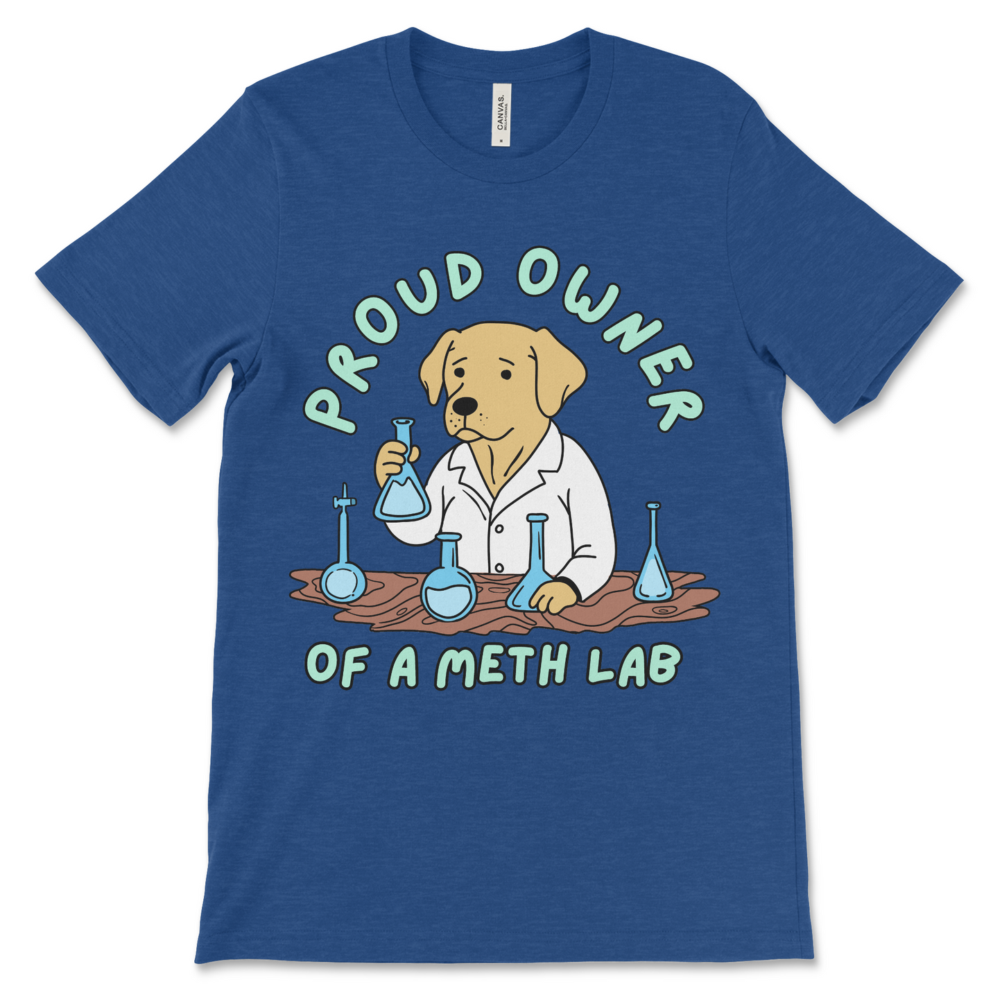 Inappropriate drug shirt featuring a Labrador running a meth lab. Great for meme lovers and fans of funny graphic tees with controversial slogans.