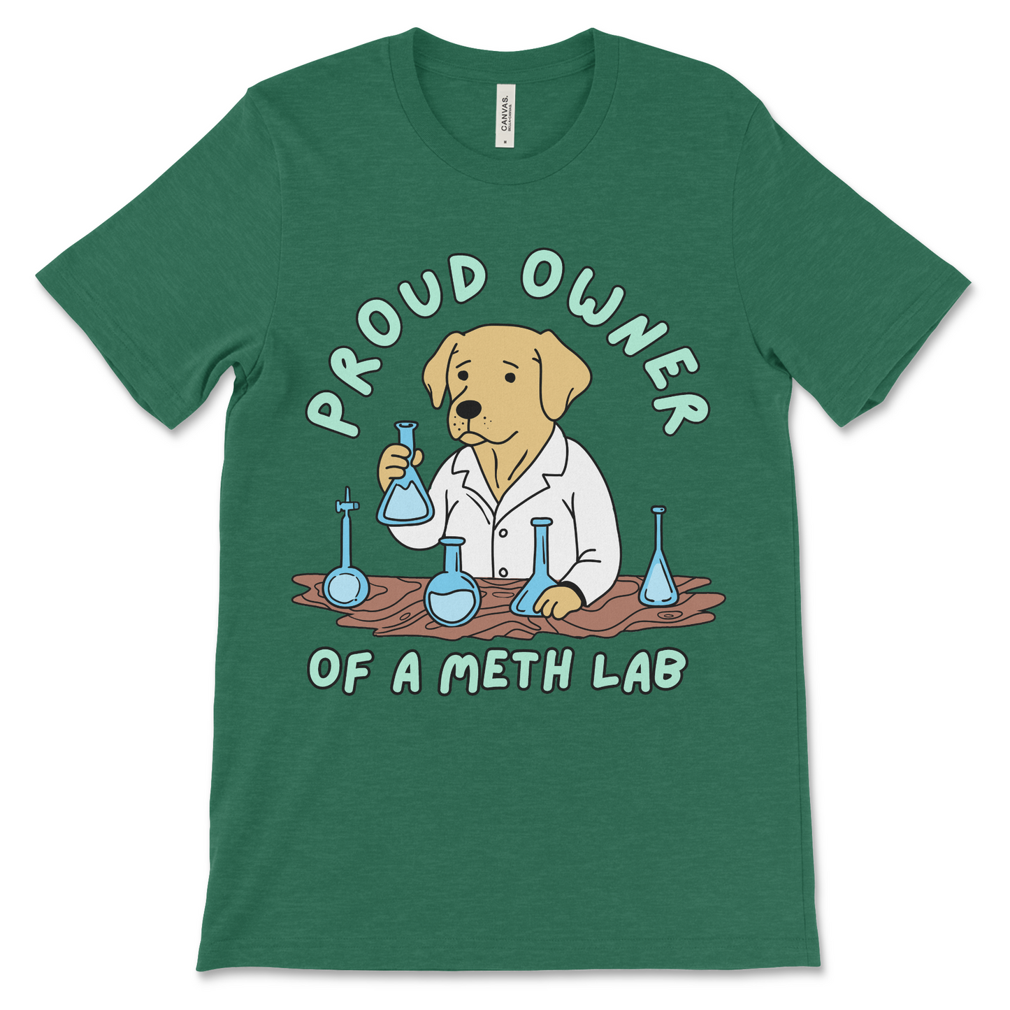 Funny meth shirt with a cartoon Labrador making drugs in a lab. Perfect for fans of inappropriate t-shirts, drug meme humor, and weird graphic tees.