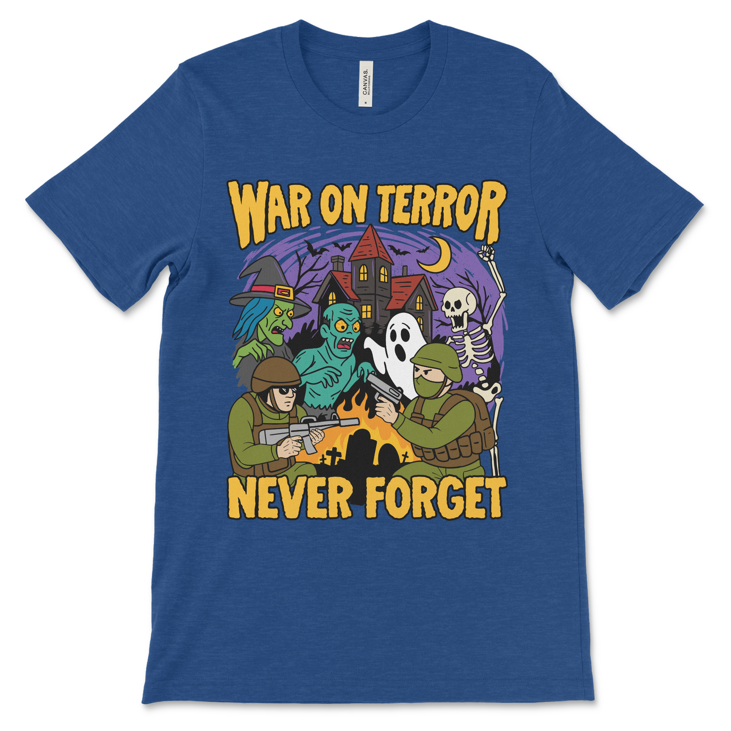 Funny political parody shirt replacing the Iraq War with a haunted house theme, perfect for fans of weird graphic tees and satire.
