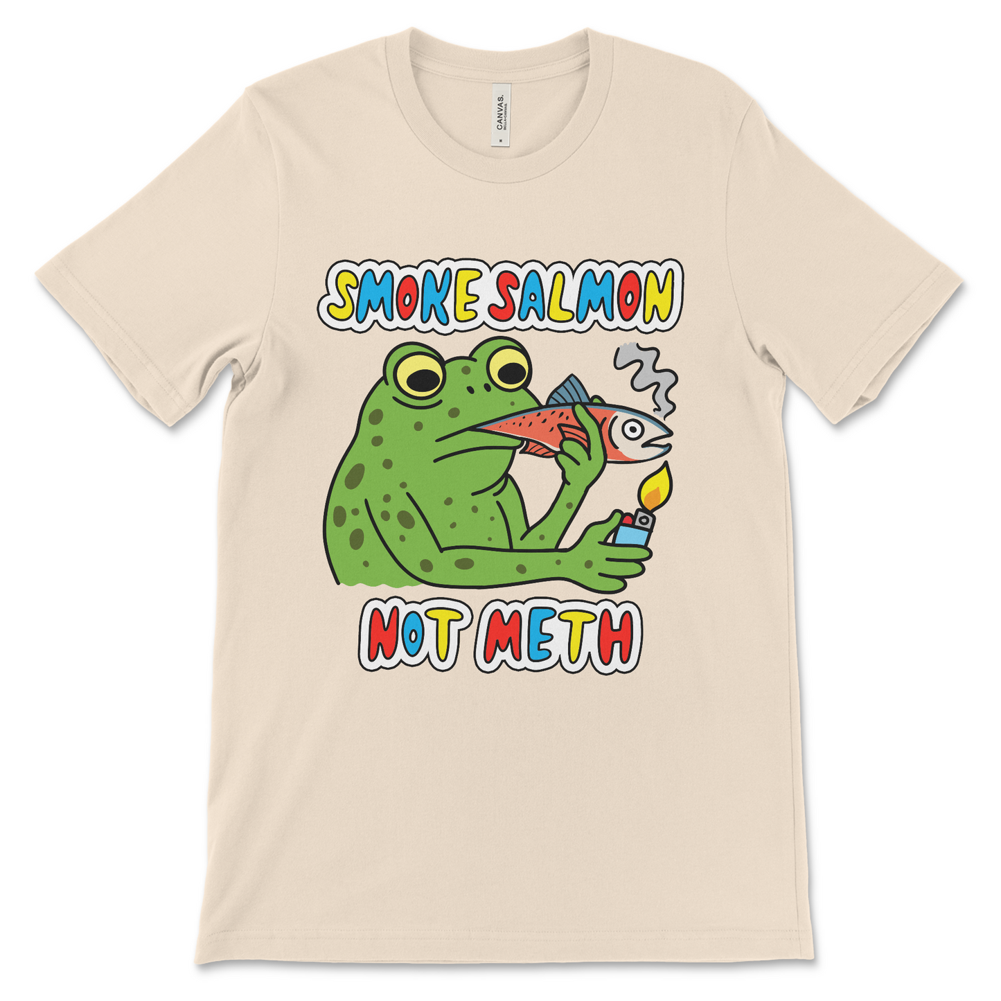 Weird meme t-shirt with “Smoke Salmon Not Meth” slogan and a frog lighting a fish. Great for collectors of offensive shirts and funny meth tshirts