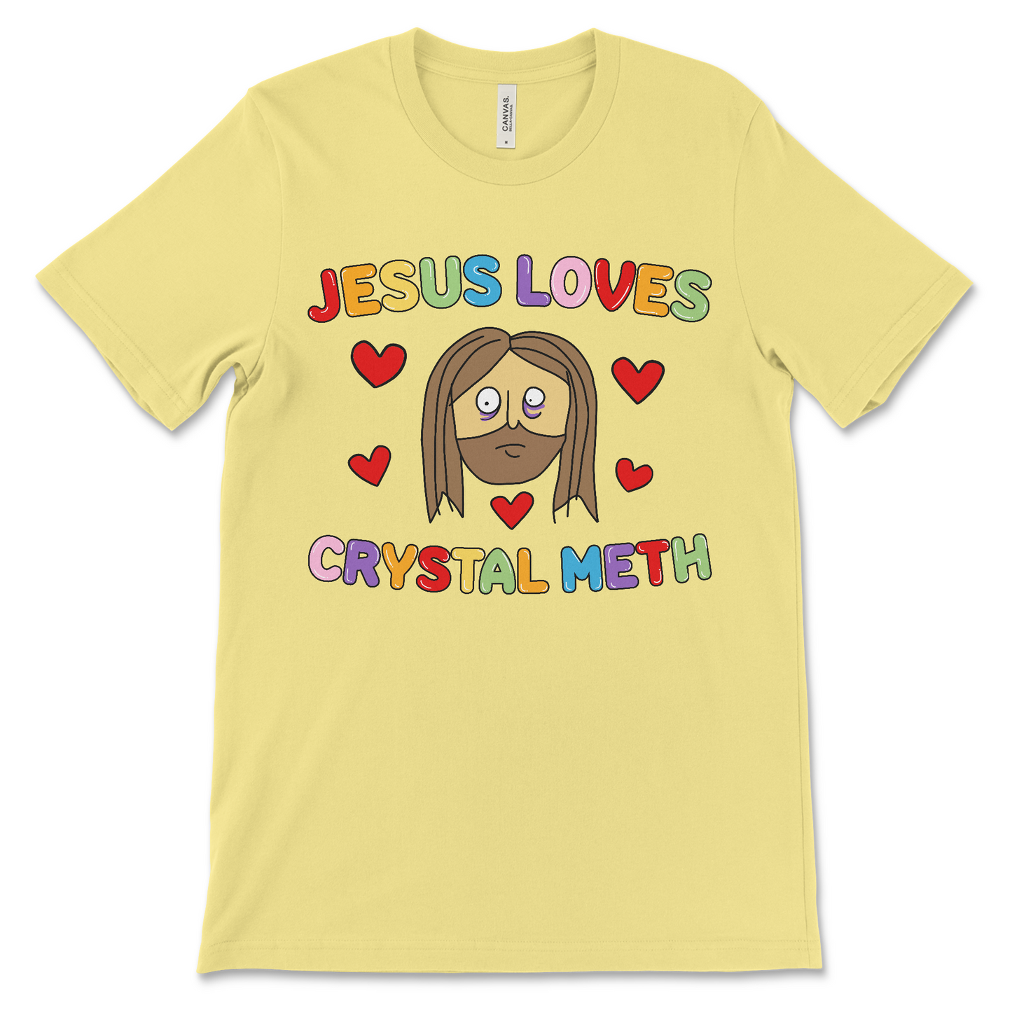 Jesus Loves Crystal Meth shirt, an offensive religious t shirt with drug humor, and Jesus meme vibes.
