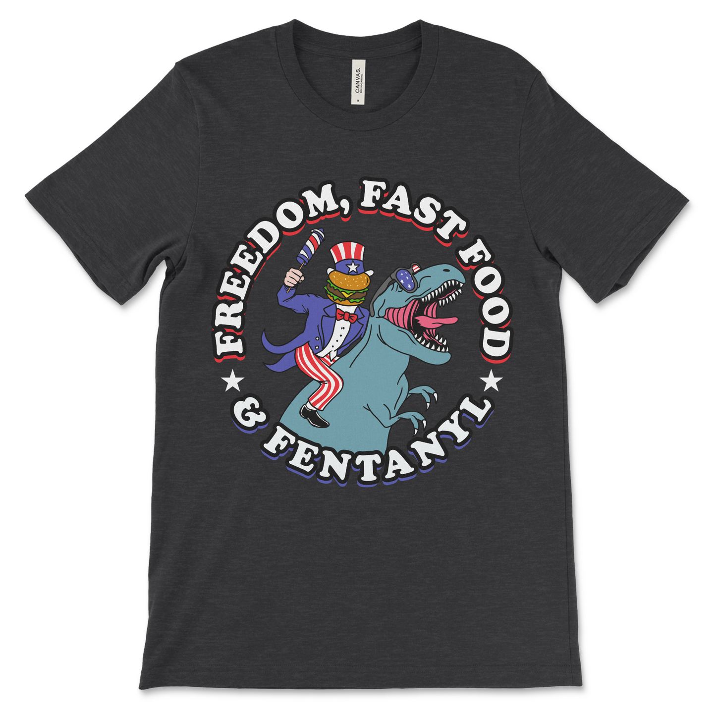 Dark humor shirt about America with fentanyl-themed message. Designed for people searching for shocking t-shirts.