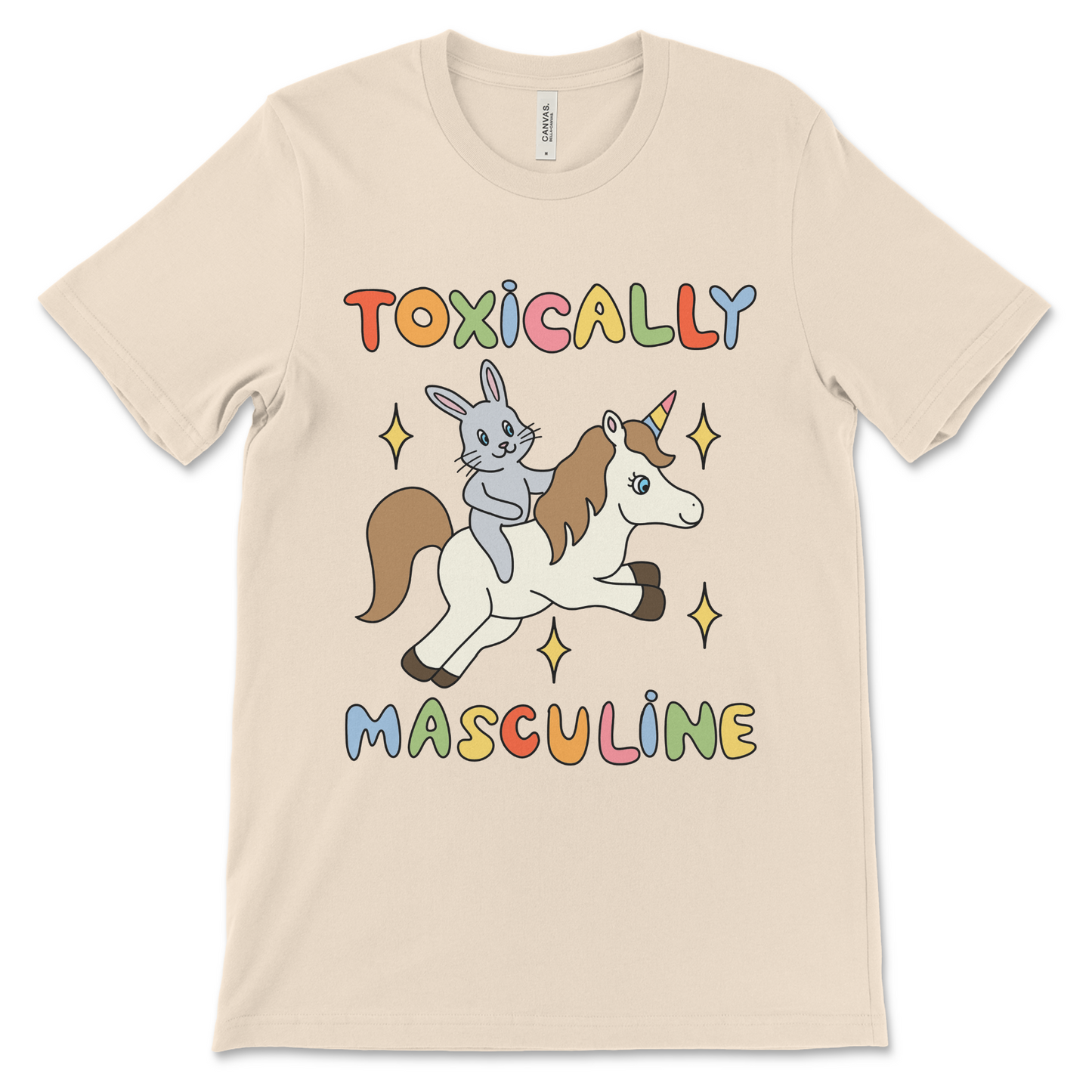 ironic graphic tee with bunny riding unicorn and toxically masculine text