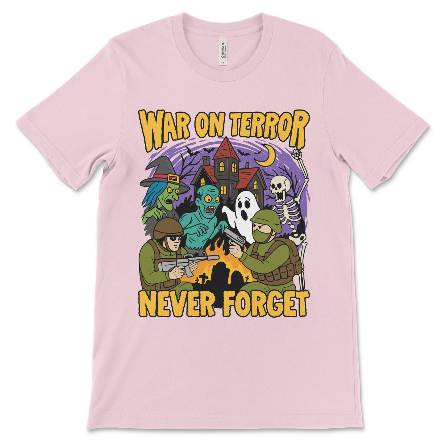 A cursed take on American military history, this t-shirt uses haunted house imagery to parody the Bush-era War on Terror. It’s a weird and controversial graphic tee for political meme lovers.