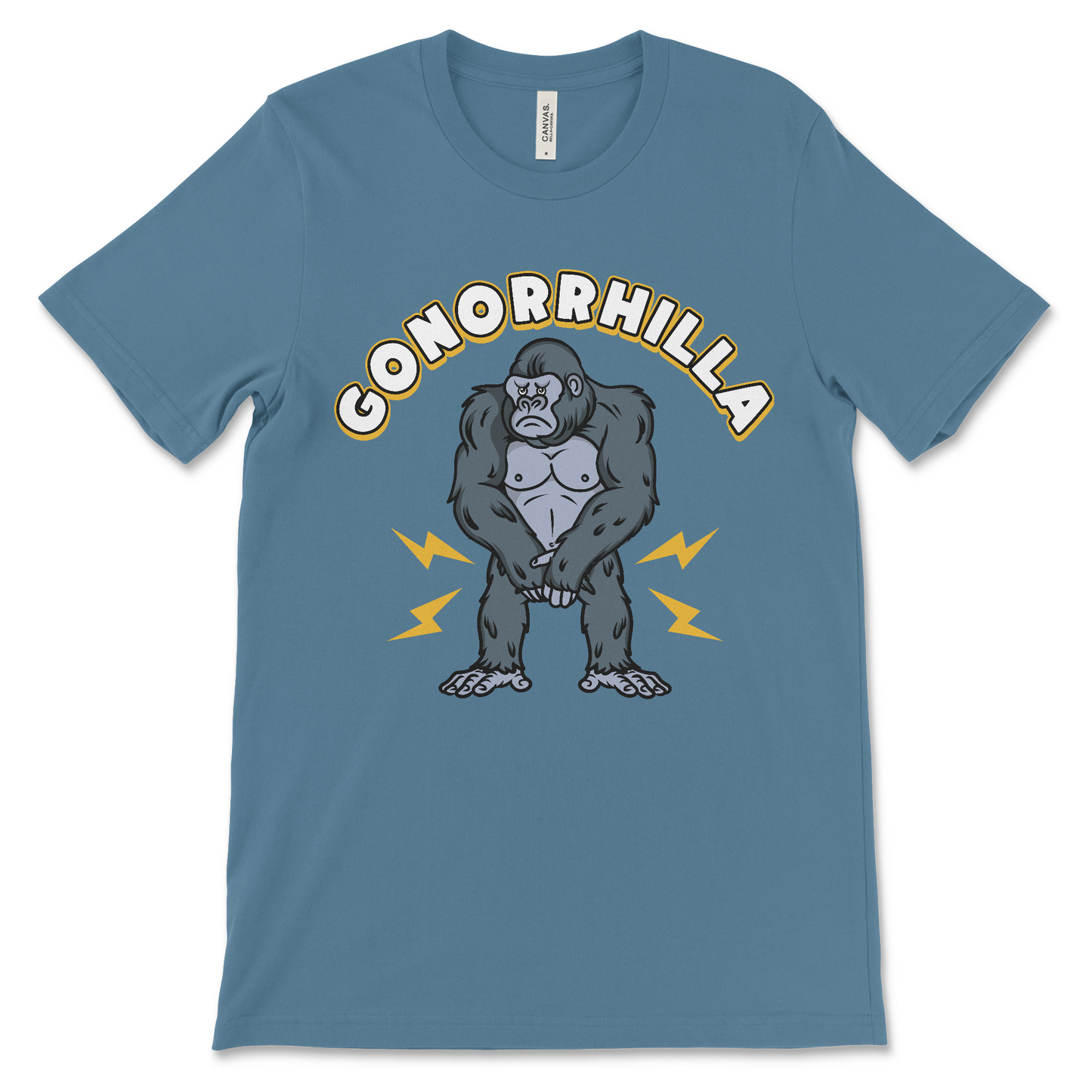 Funny gonorrhilla shirt featuring a gorilla pun with gonorrhea with dark humor and hilarious vulgar vibe.