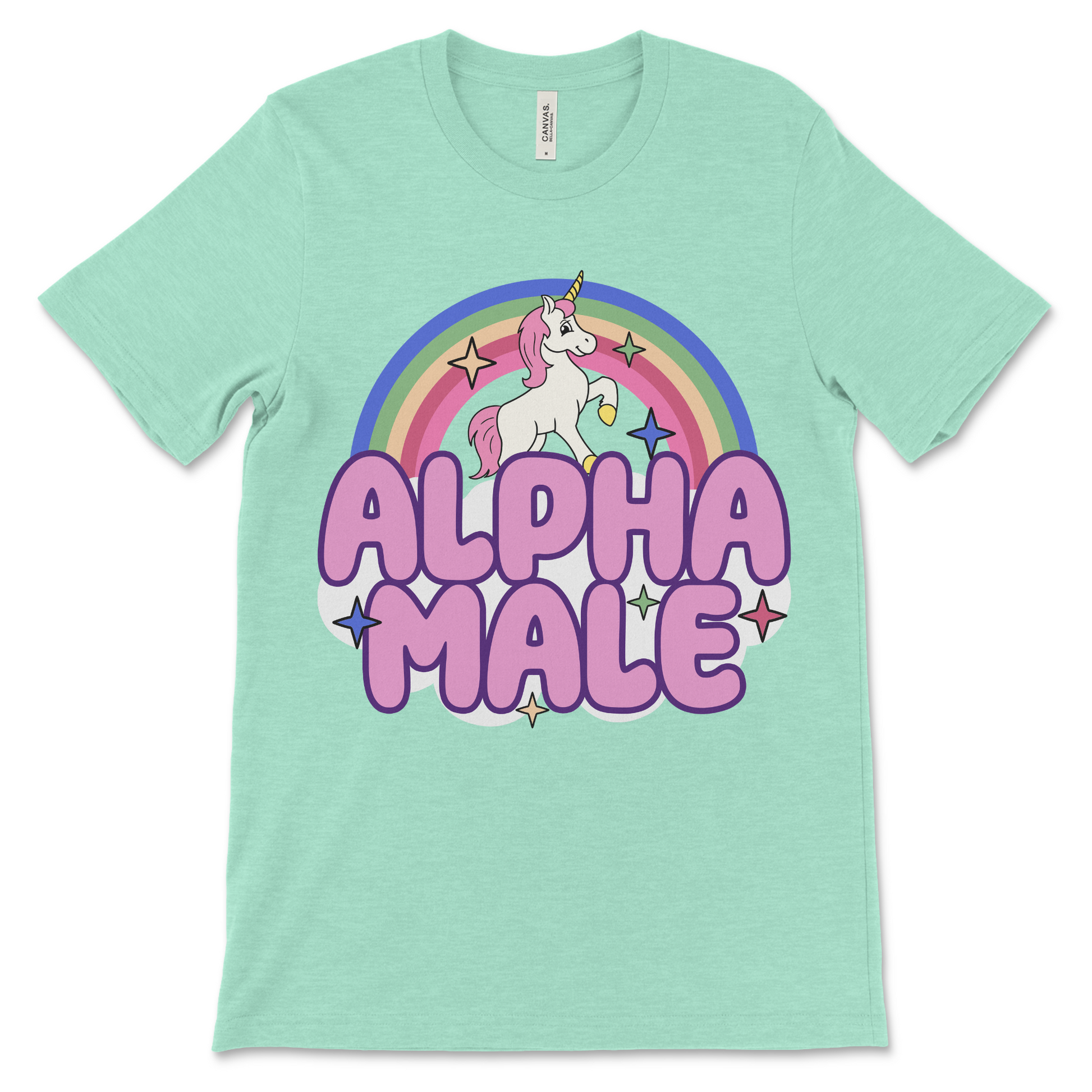 Ironic unicorn alpha male graphic tee, parody of toxic masculinity with sarcastic humor.