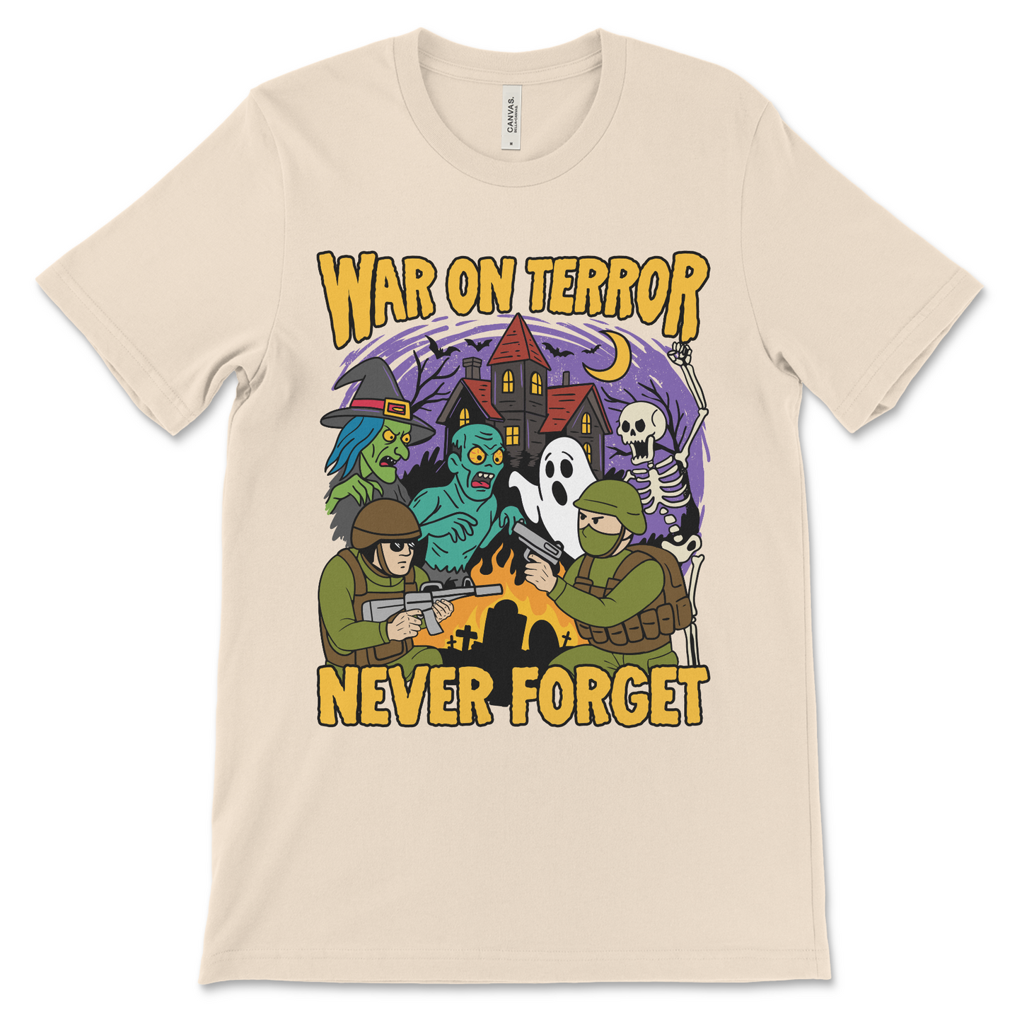 Funny American politics shirt with Halloween-style parody of the Iraq War and U.S. military action. This shirt blends offensive political commentary and weird internet humor.