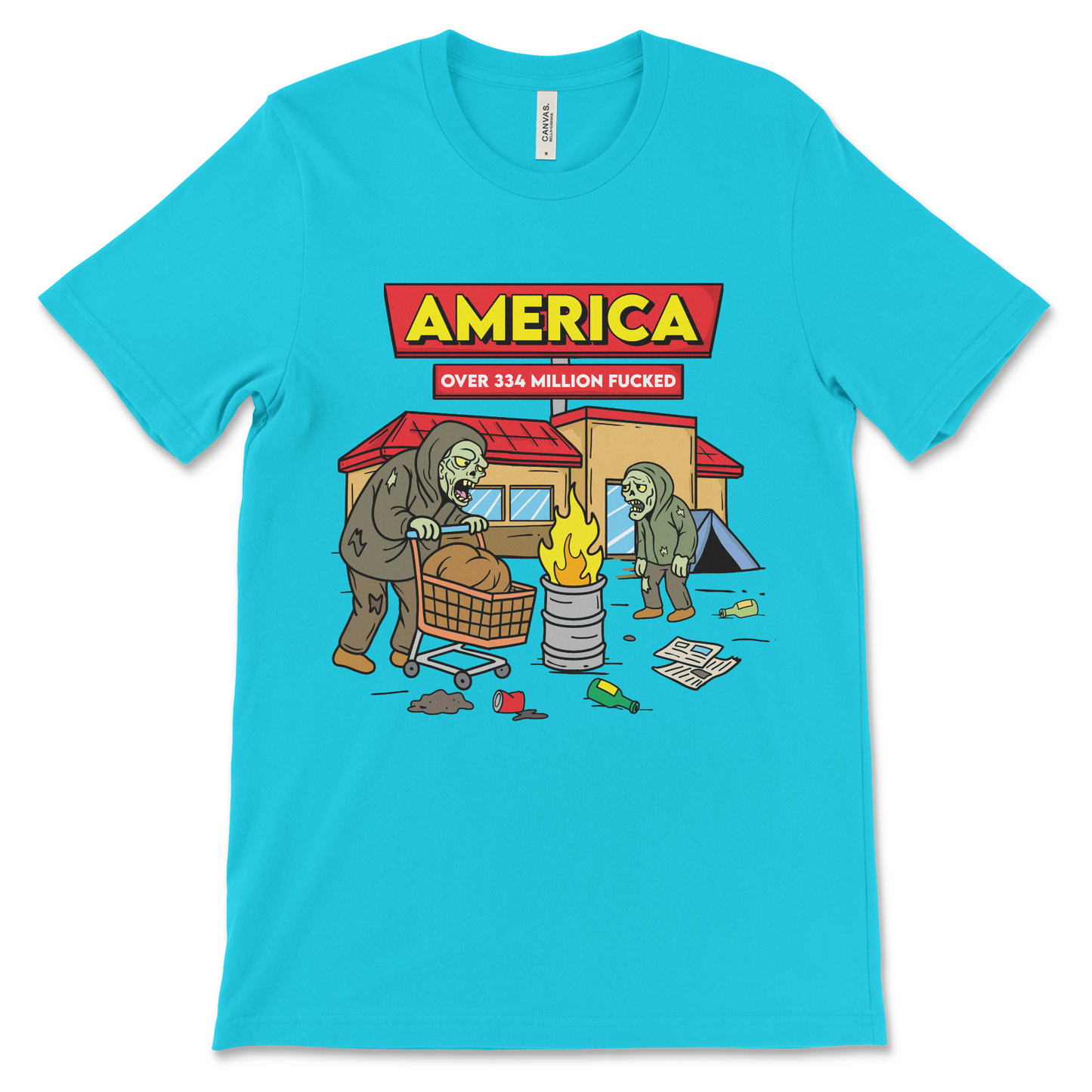 Dark humor shirt featuring a blunt statement about the state of America. Ideal for those looking for funny political t-shirts and offensive graphic tees.