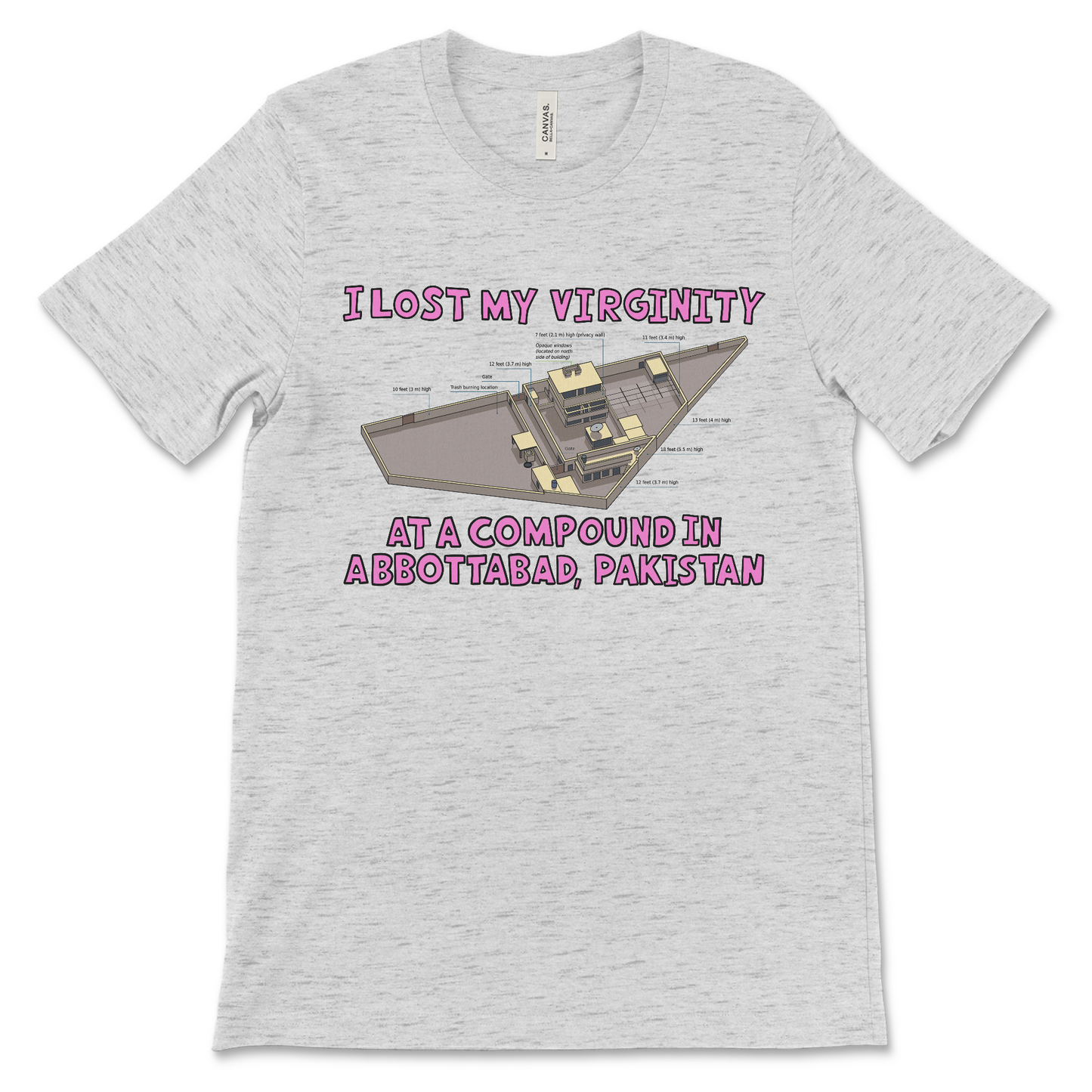 funny 9/11 shirt that says I Lost My Virginity at a Compound in Abbottabad offensive meme shirt with dark humor political joke and inappropriate quote about 9/11 and osama bin Laden