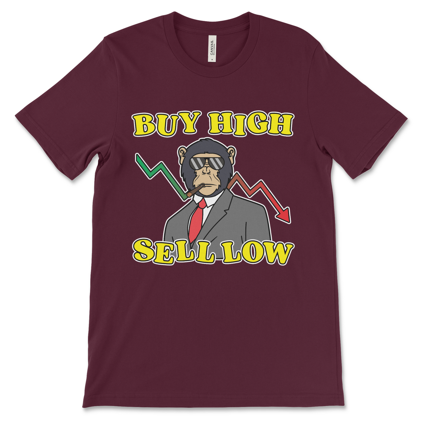 Buy High Sell Low shirt for fans of bad financial decisions, funny Bitcoin meme tee for day traders, Dogecoin holders, and sarcastic NFT flippers.