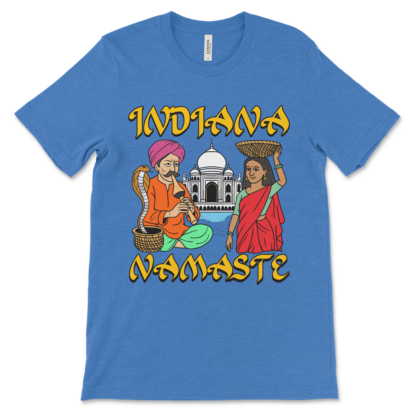 Ironic Indiana Namaste graphic tee, dark humor cringe apparel