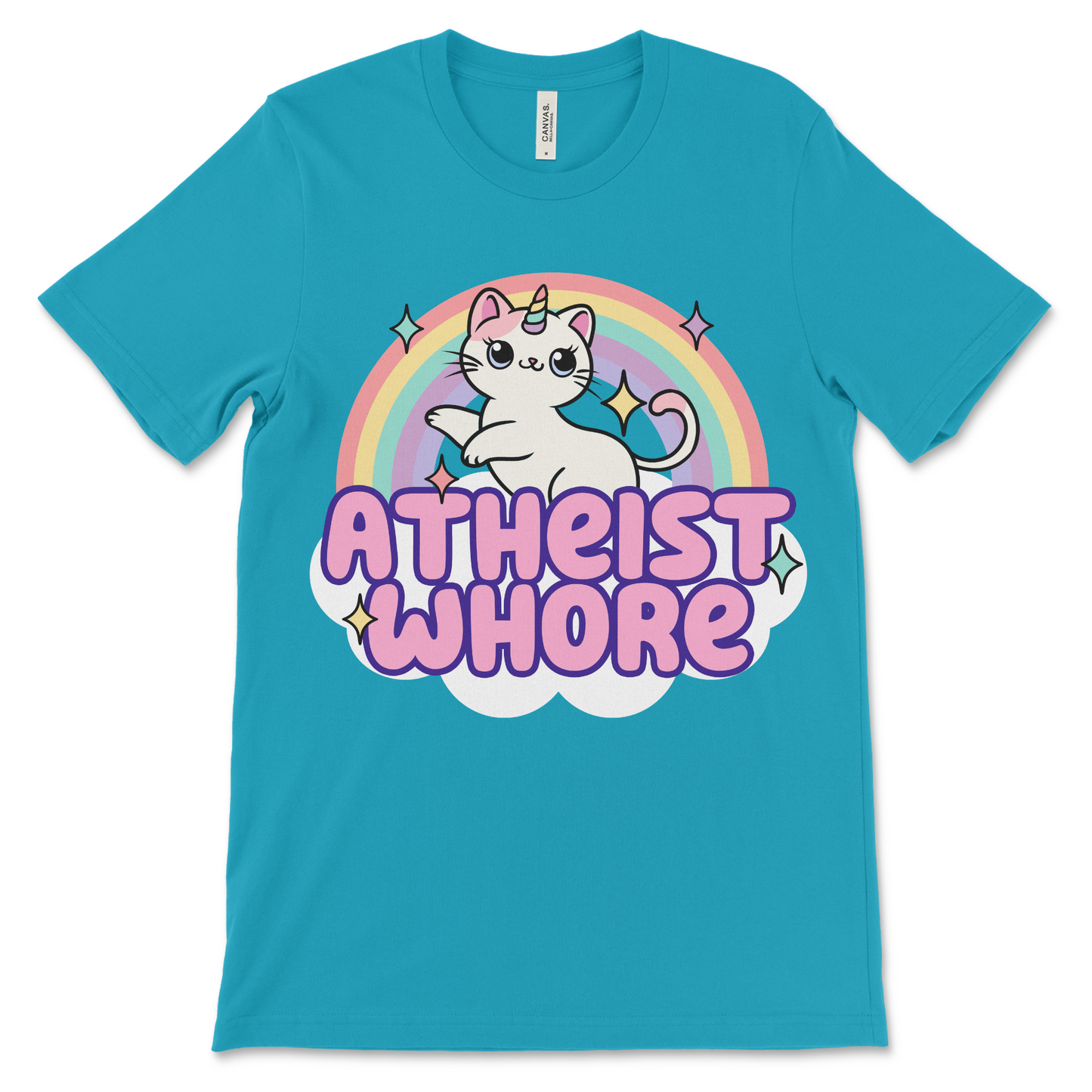 Funny atheist whore meme shirt, ironic graphic tee with offensive style.