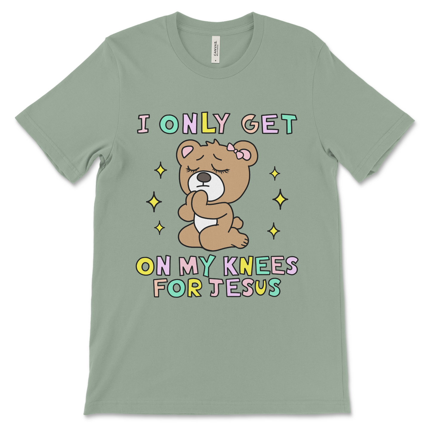 Sarcastic I Only Get On My Knees for Jesus shirt with vulgar NSFW humor.