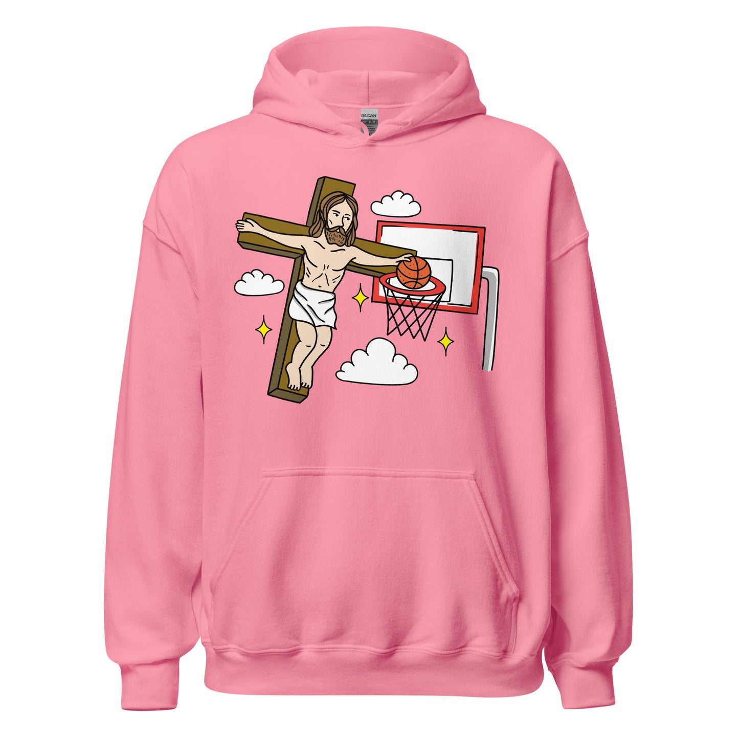 Hoodie showing Jesus playing basketball during crucifixion in offensive meme fashion. Great for those browsing controversial Christian humor, funny religious hoodies, and dark humor graphic clothing.