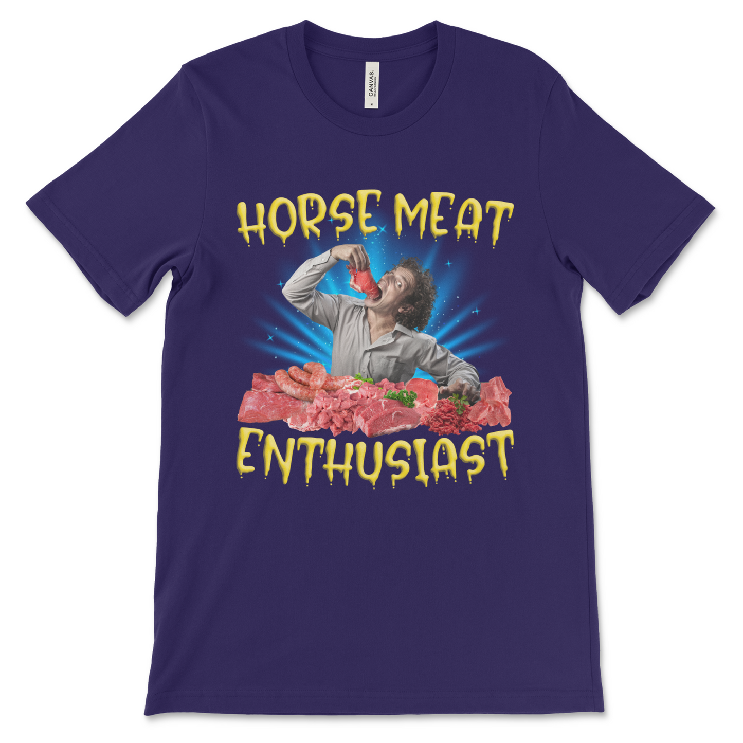 Offensive novelty shirt, Horse Meat Enthusiast design with absurd and uncomfortable humor