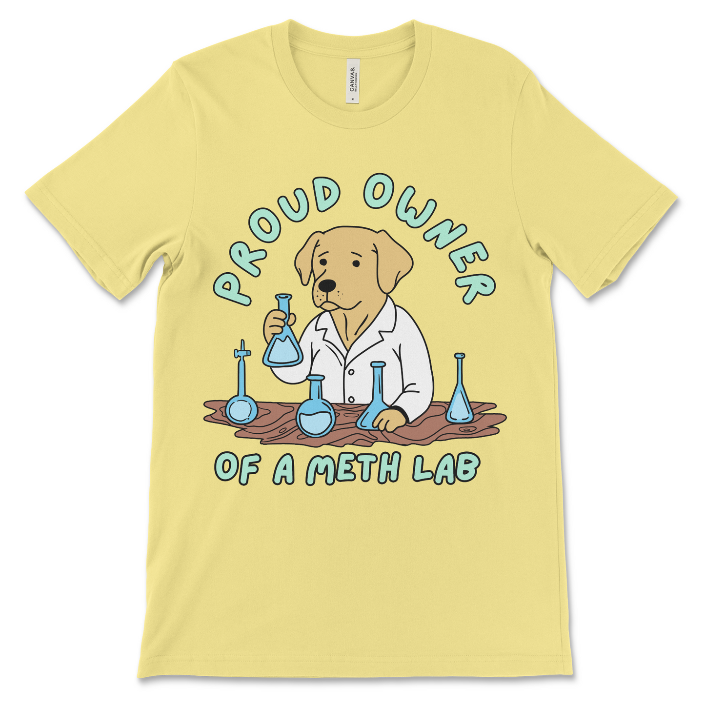 Offensive novelty shirt with a Labrador retriever and a meth lab joke. Best for fans of inappropriate shirts and the most offensive graphic tees.