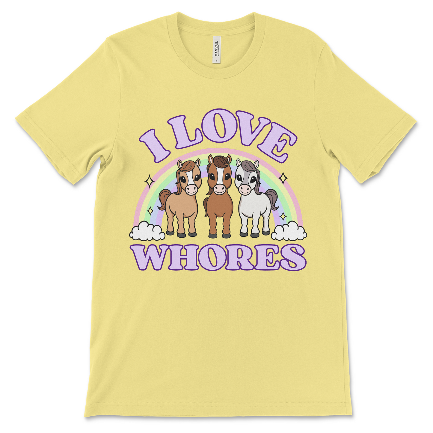 Dirty t shirt with a cute horse design and bold I Love Whores text, made for inappropriate humor fans.