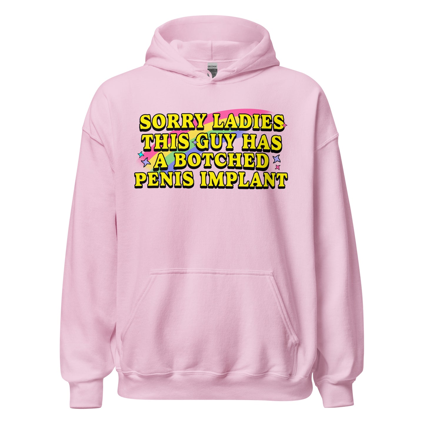 Inappropriate graphic hoodie with crude humor about a botched penis implant. Works for offensive naughty hoodie shoppers, dark humor fans, and adult gag gift clothing searches.