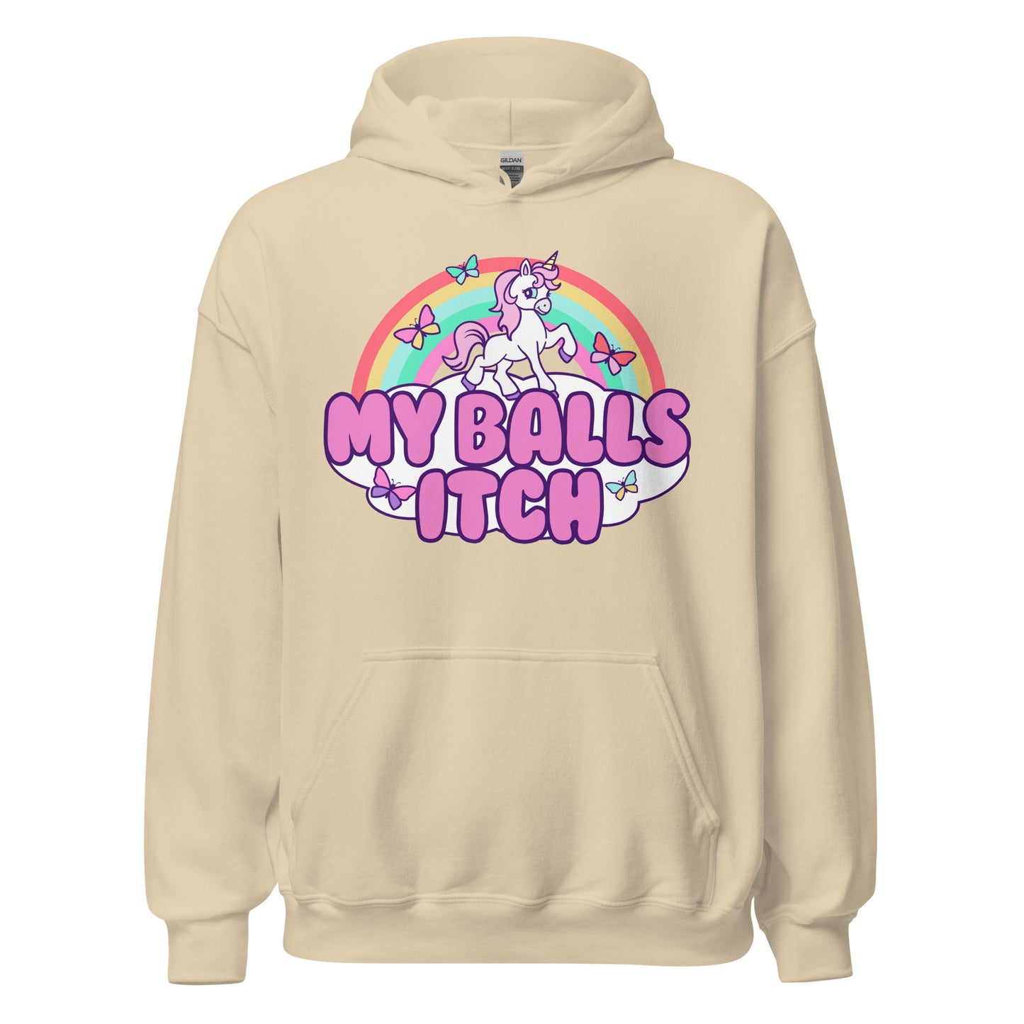 Weird and offensive, this unicorn hoodie brings crude humor to life for anyone who enjoys dirty jokes and funny testicles jokes.