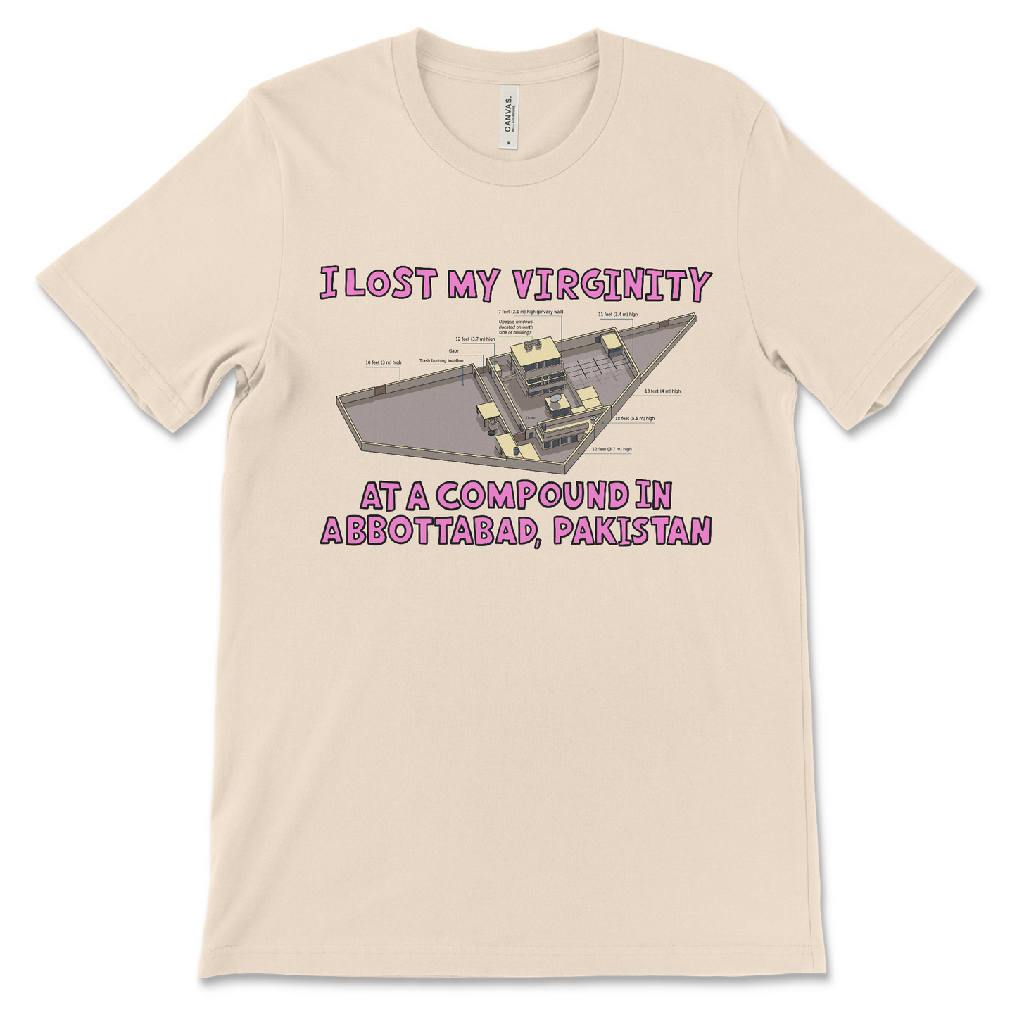 funny 9/11 shirt that says I Lost My Virginity at a Compound in Abbottabad offensive meme shirt with dark humor political joke and inappropriate quote about 9/11 and osama bin Laden