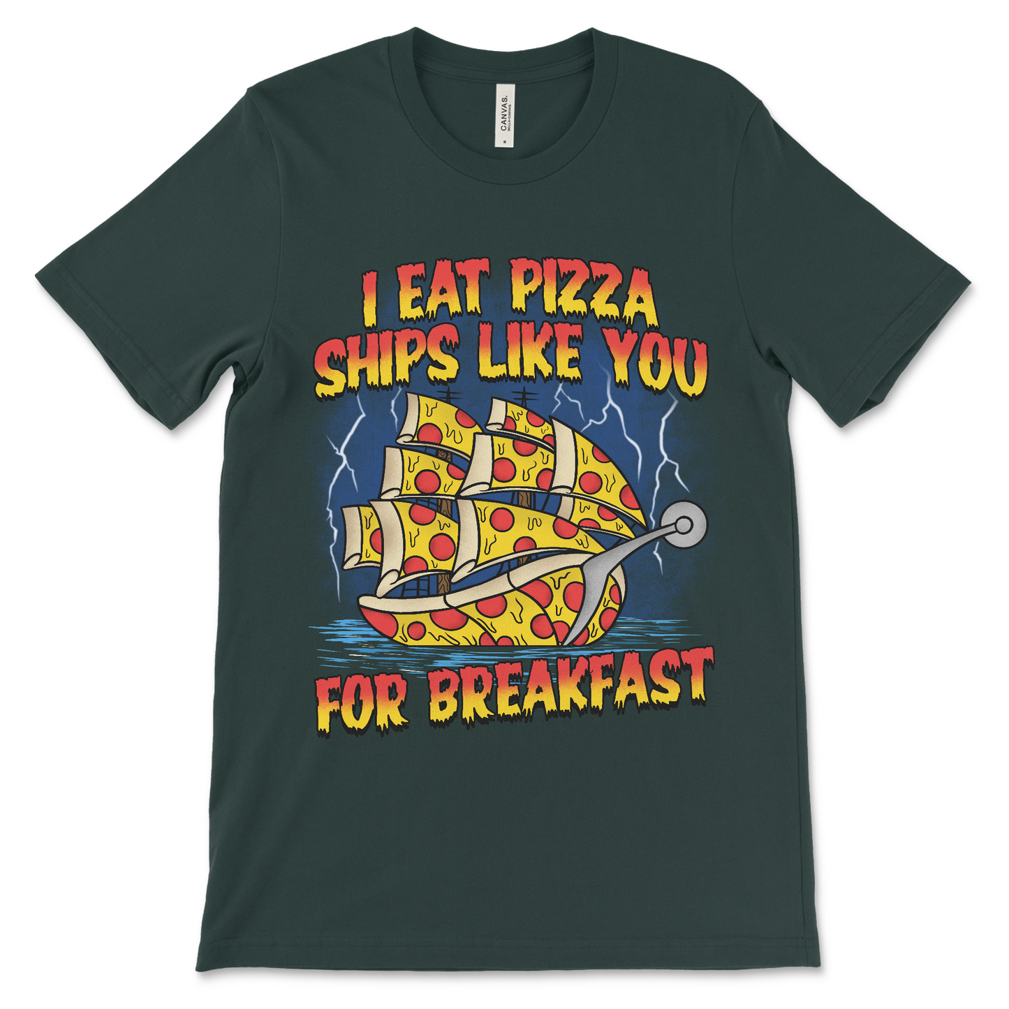 Weird humor shirt with pizza ship graphic, dumb pun design for adults.